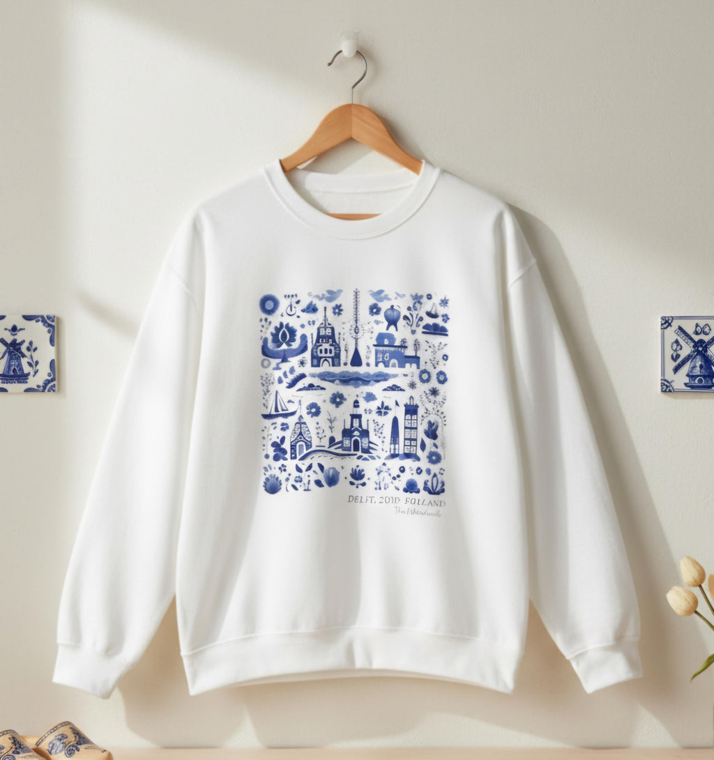 Delft Blue Holland Sweatshirt • Dutch Tile Print Crewneck • Netherlands Heritage Sweater • Cute Dutch Aesthetic Pullover • European Travel