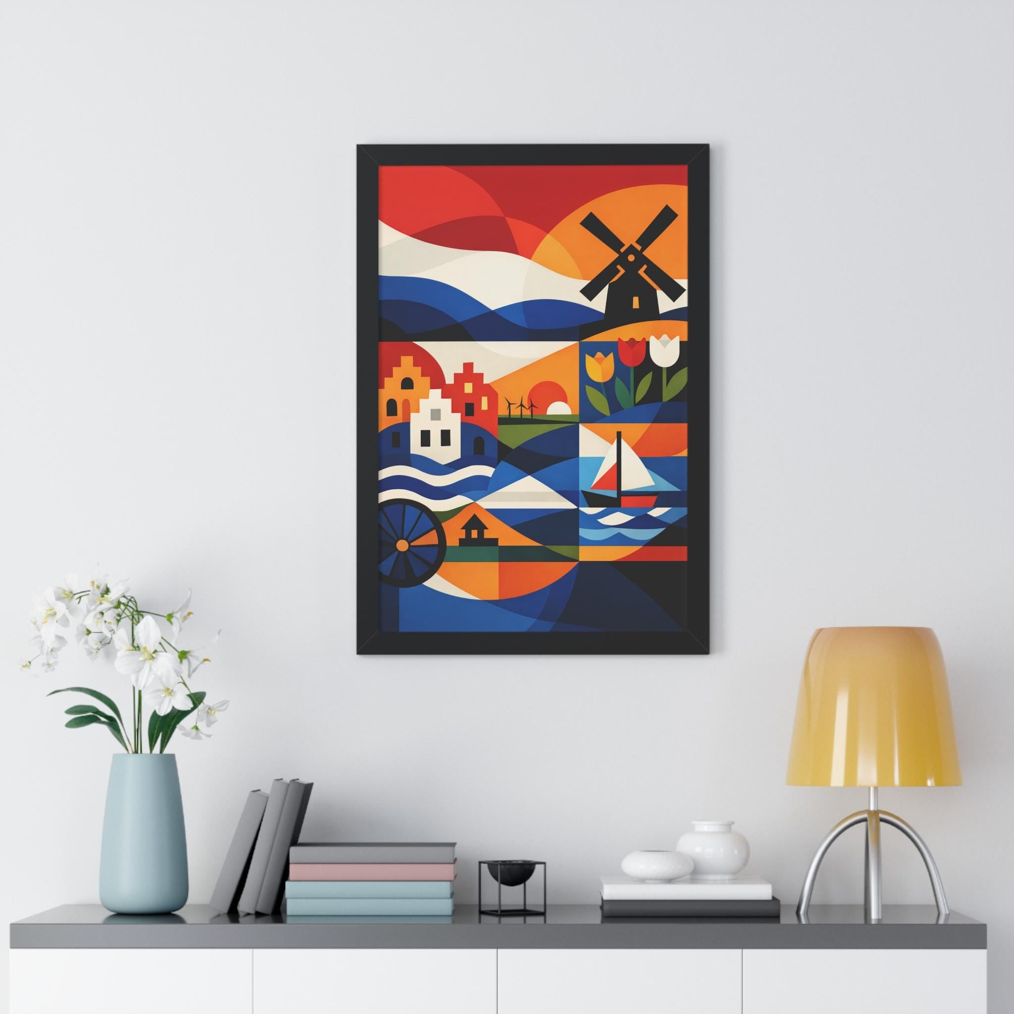 Abstract Dutch Wall Art Print | Netherlands Tulip Windmill Art | Modern European Decor | Scandinavian Style Framed Poster | Holland