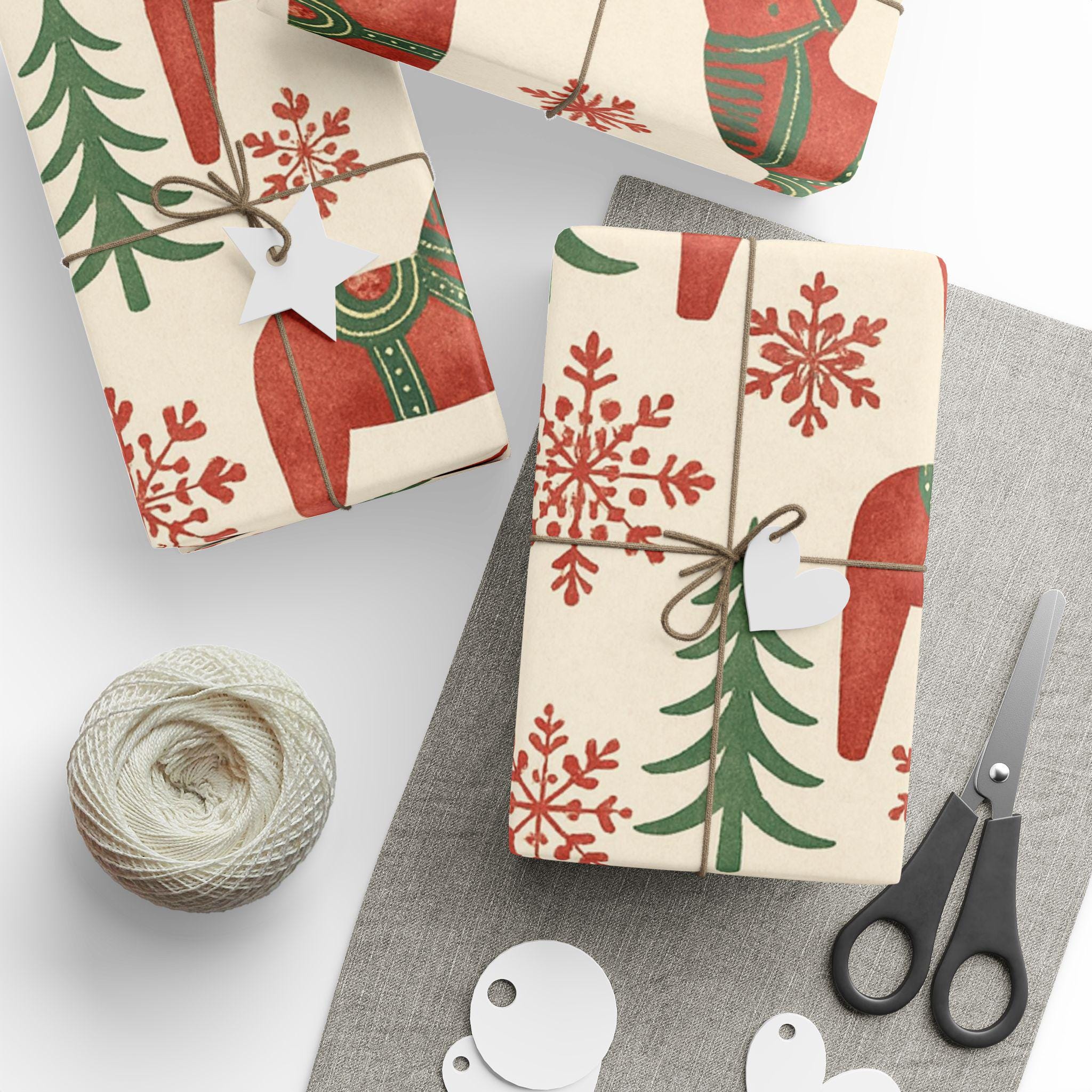 Nordic Christmas Dala Horse Wrapping Paper | Scandinavian Holiday Pattern | Folk Art Winter Trees & Snowflakes Gift Wrap
