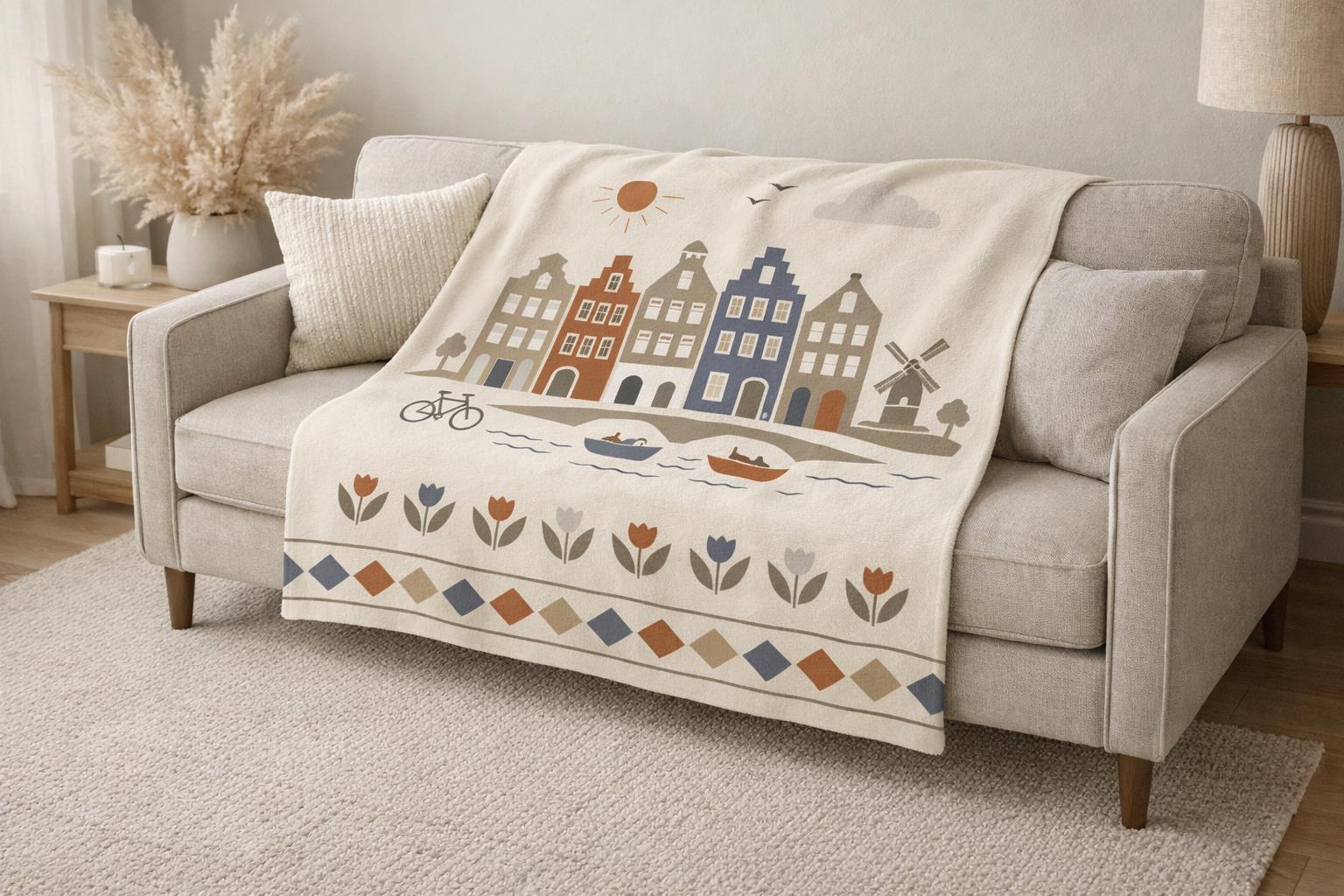 Dutch Canal Houses Blanket | Neutral Amsterdam Decor Throw | Cozy European Home | Netherlands Inspired Gift