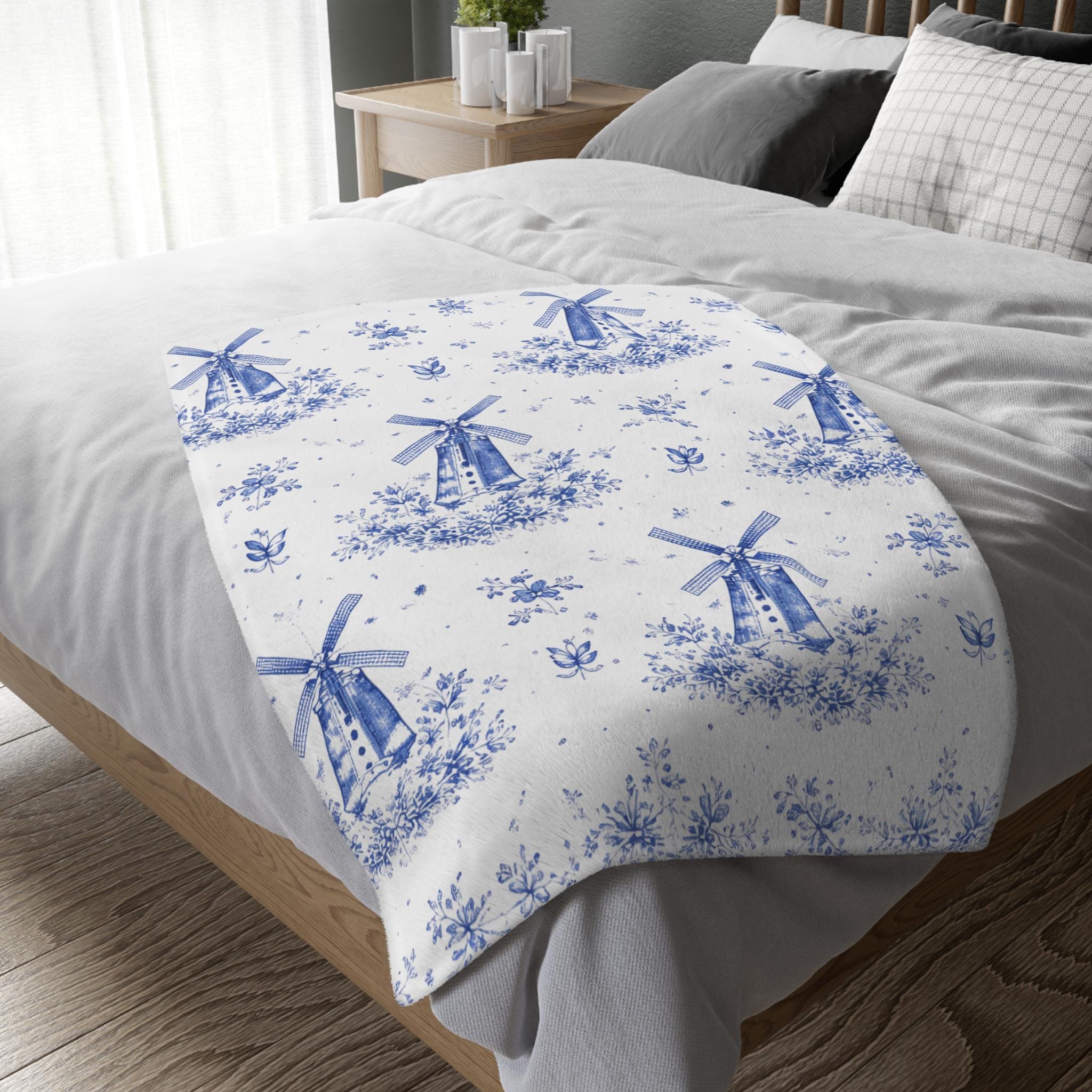 Delft Blue Windmill Blanket | Dutch Inspired Throw | Traditional Blue & White Holland Decor | European Cottage Cozy Blanket
