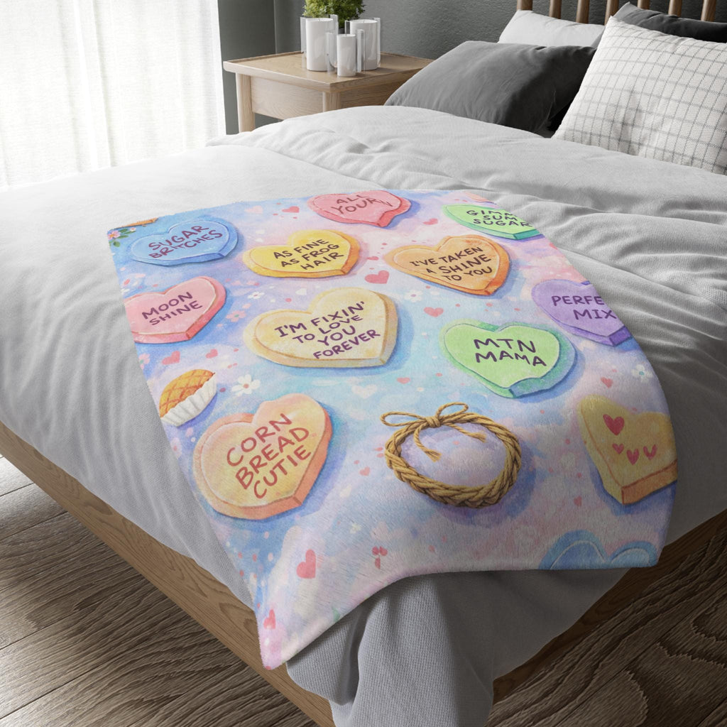 Appalachian Valentine Blanket | Southern Love Sayings Throw | All Yourn Pastel Candy Hearts | Cozy Country Valentine Gift