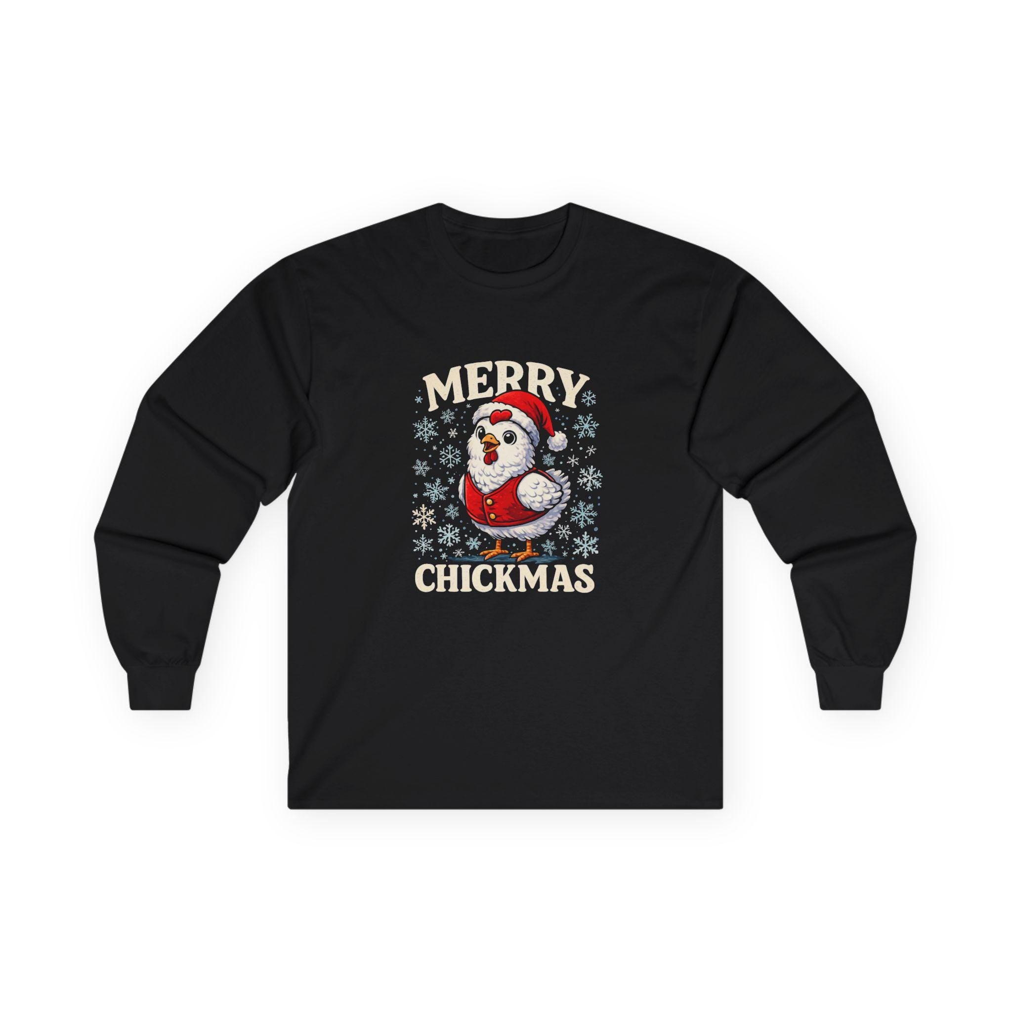 Merry Chickmas Shirt | Christmas Chicken Long Sleeve Tee | Farmhouse Holiday Shirt | Cute Chicken Santa Snowflake Top | Country Christmas