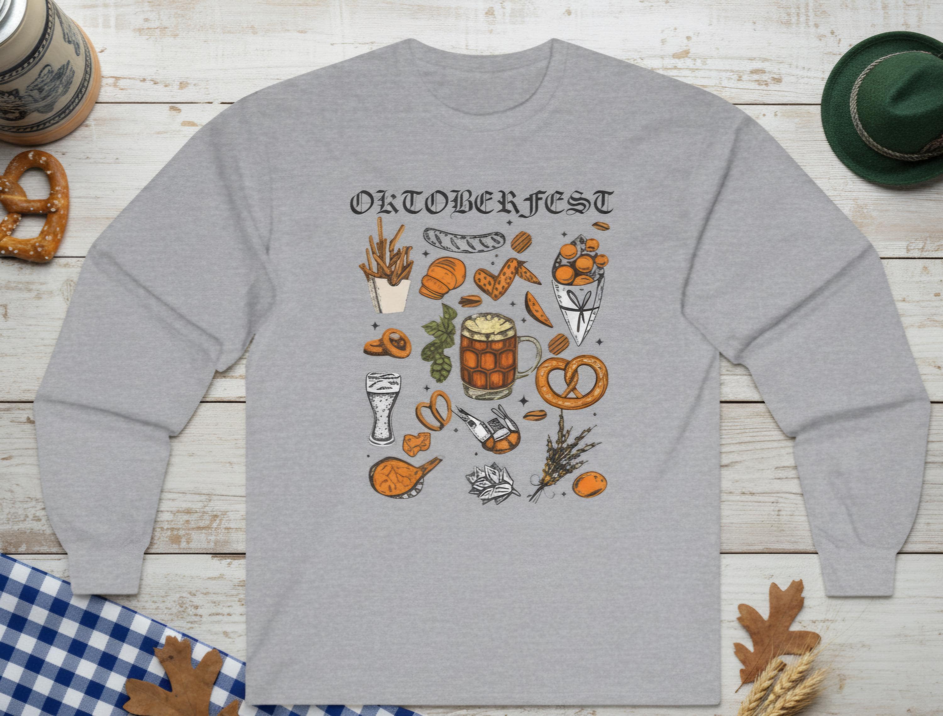 Oktoberfest Long Sleeve Shirt – German Bier & Food Graphic Tee, Bavarian Festival Top, Fall Party Shirt