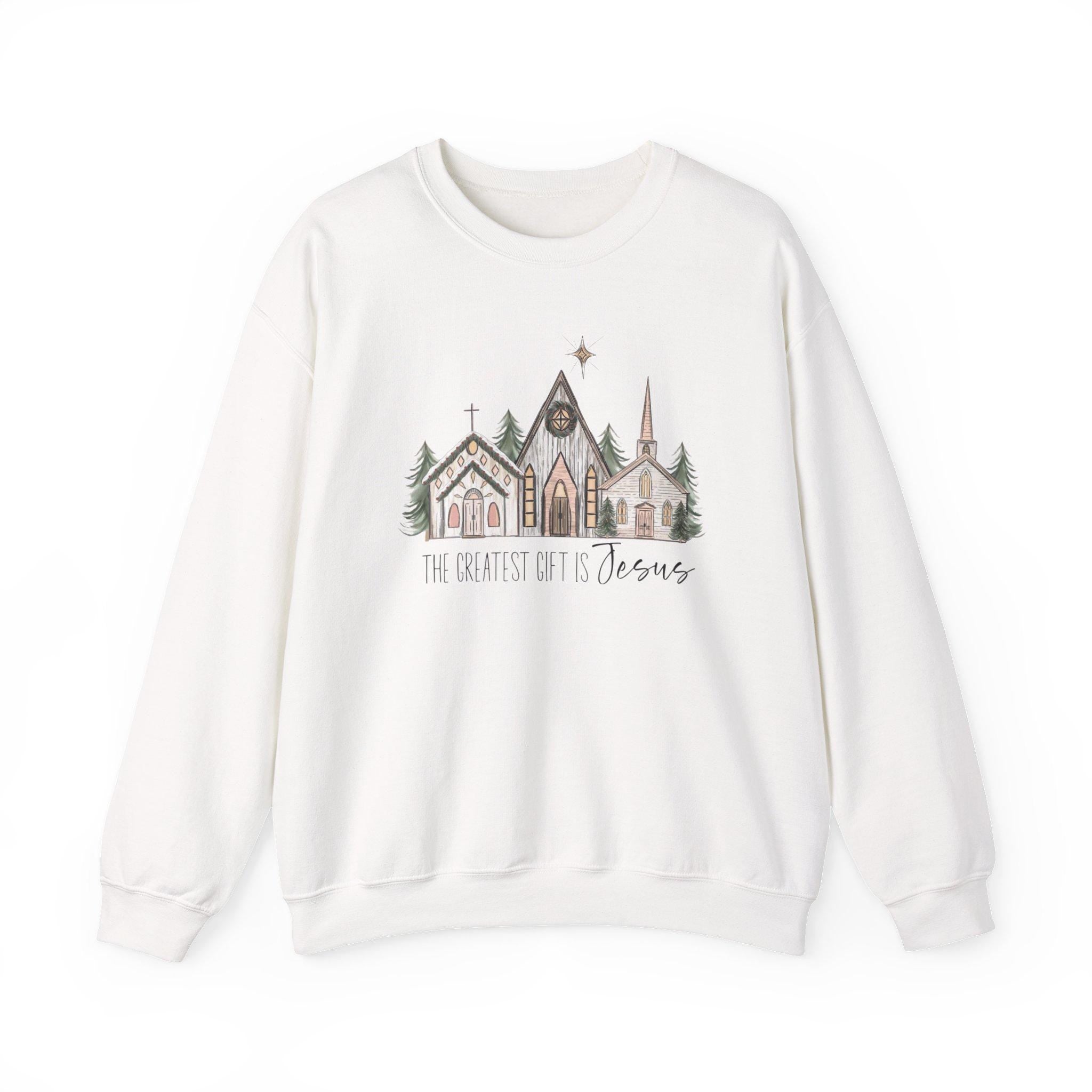 Cozy Church Print Christmas Sweatshirt: Faith-Based Winter Apparel
