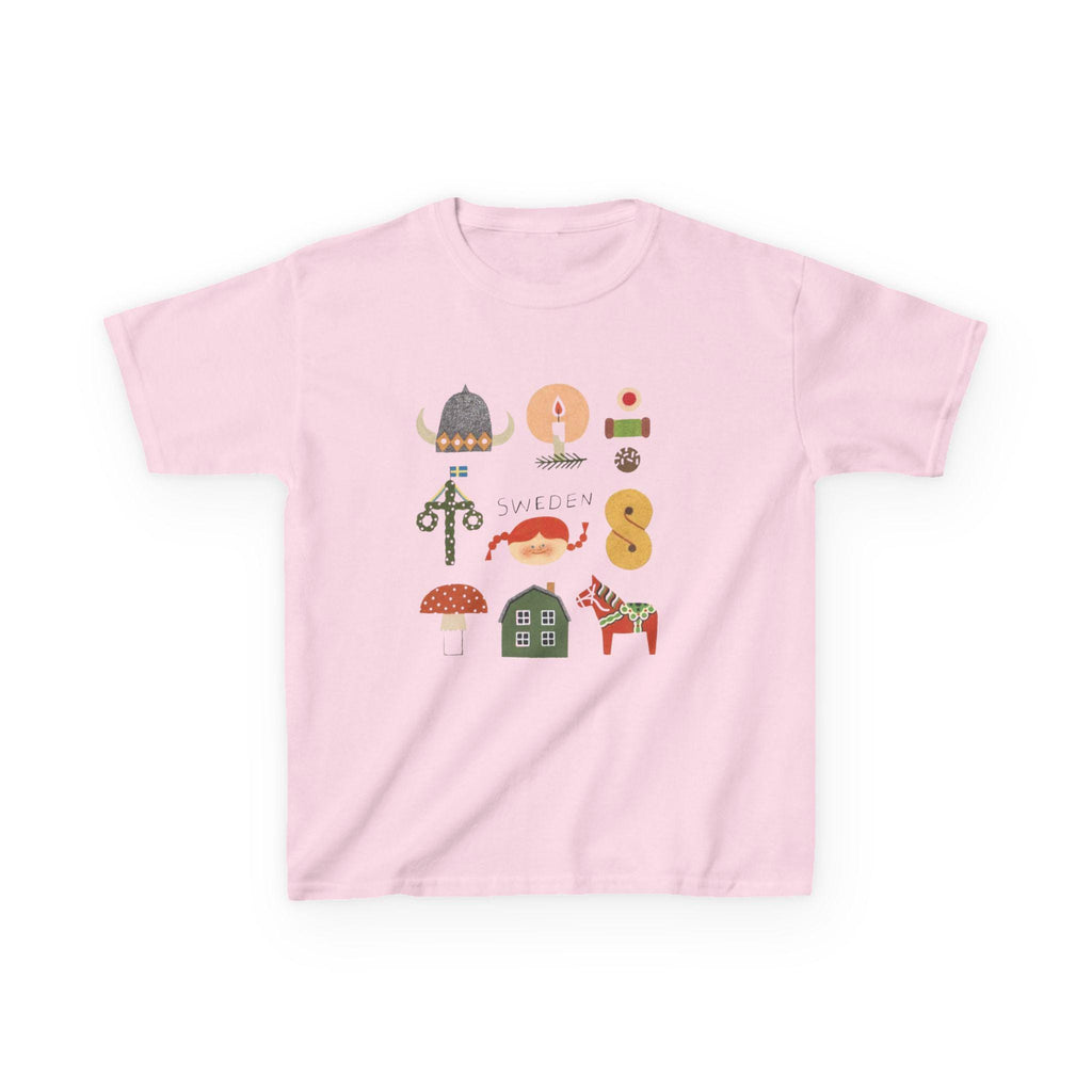 Sweden Icons Youth T-Shirt | Scandinavian Kids Shirt | Nordic Folk Art Tee | Swedish Dala Horse Shirt | Cute Europe Kids Gift