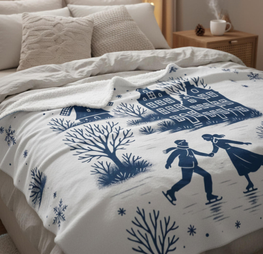 Dutch Winter Skating Scene Sherpa Fleece Blanket | Delft Blue Holland Village | Cozy Ice Skating Throw | Nordic Winter Decor | Dutch Gift