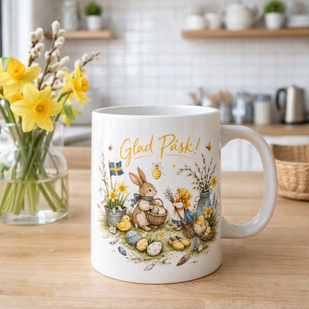 Glad Påsk Mug | Scandinavian Easter Mug | Swedish Easter Bunny Illustration | Nordic Spring Coffee Cup | Cozy Folk Art Easter Gift
