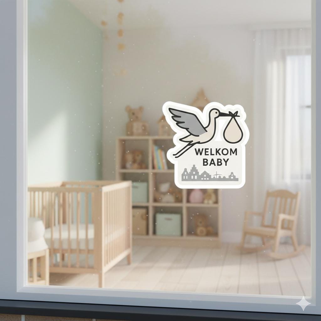 Welkom Baby Stork Window Decal – Dutch Birth Announcement Sticker, Baby Gift Nederland, Die-Cut Vinyl Sticker