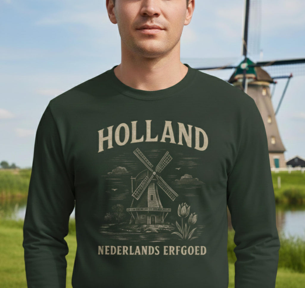 Vintage Dutch Windmill Shirt Men | Holland Long Sleeve Tee | Nederlands Erfgoed Graphic | Rustic Netherlands Heritage Shirt |Masculine Dutch