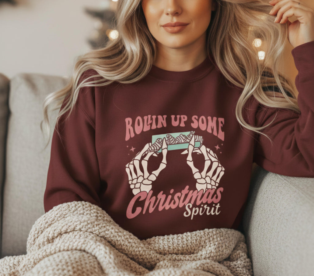 Roll It Up Christmas Spirit Sweatshirt | Retro Cozy Holiday Crewneck | Funny Christmas Weed Hoodie Style | Unisex Festive Sweatshirt