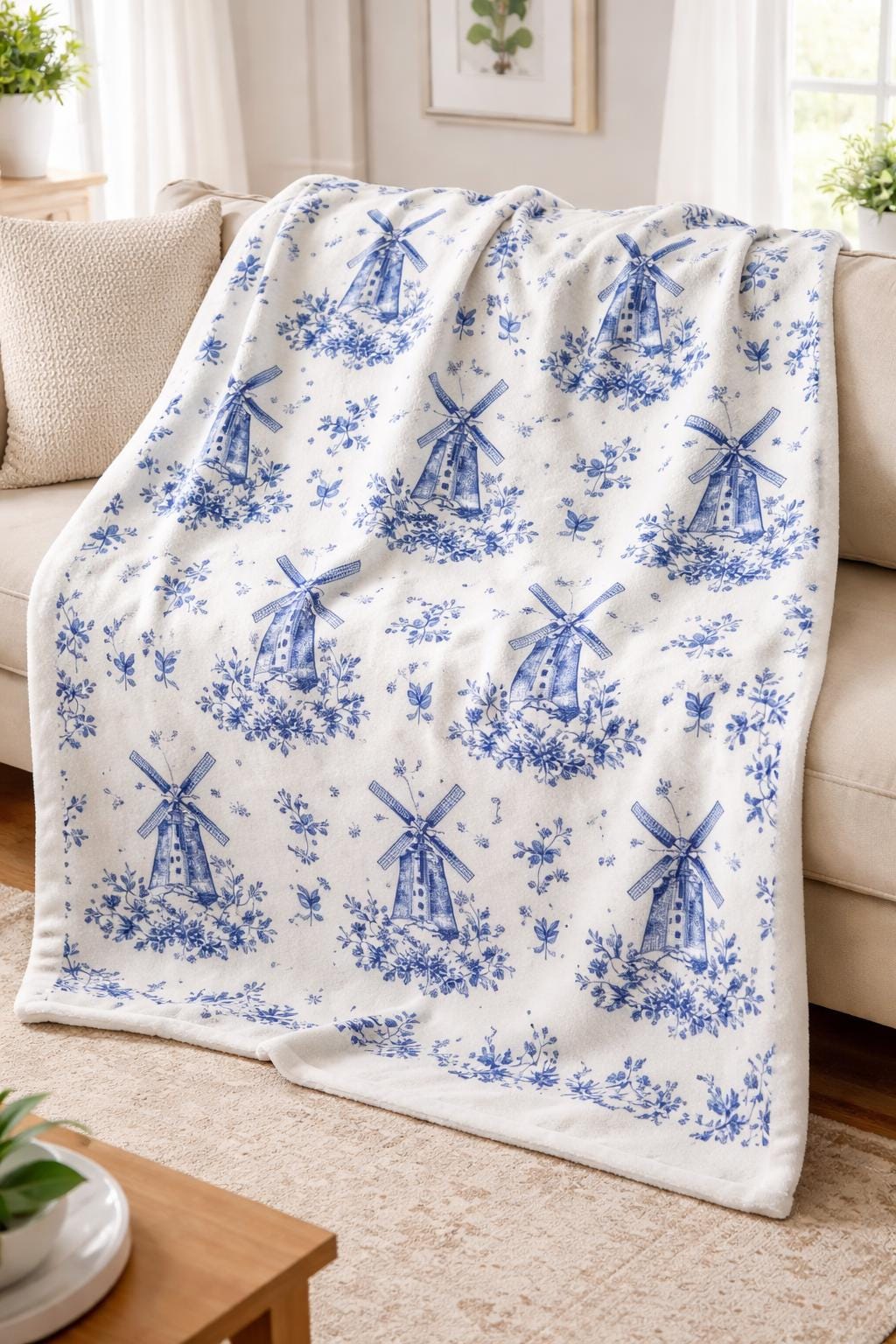 Delft Blue Windmill Blanket | Dutch Inspired Throw | Traditional Blue & White Holland Decor | European Cottage Cozy Blanket