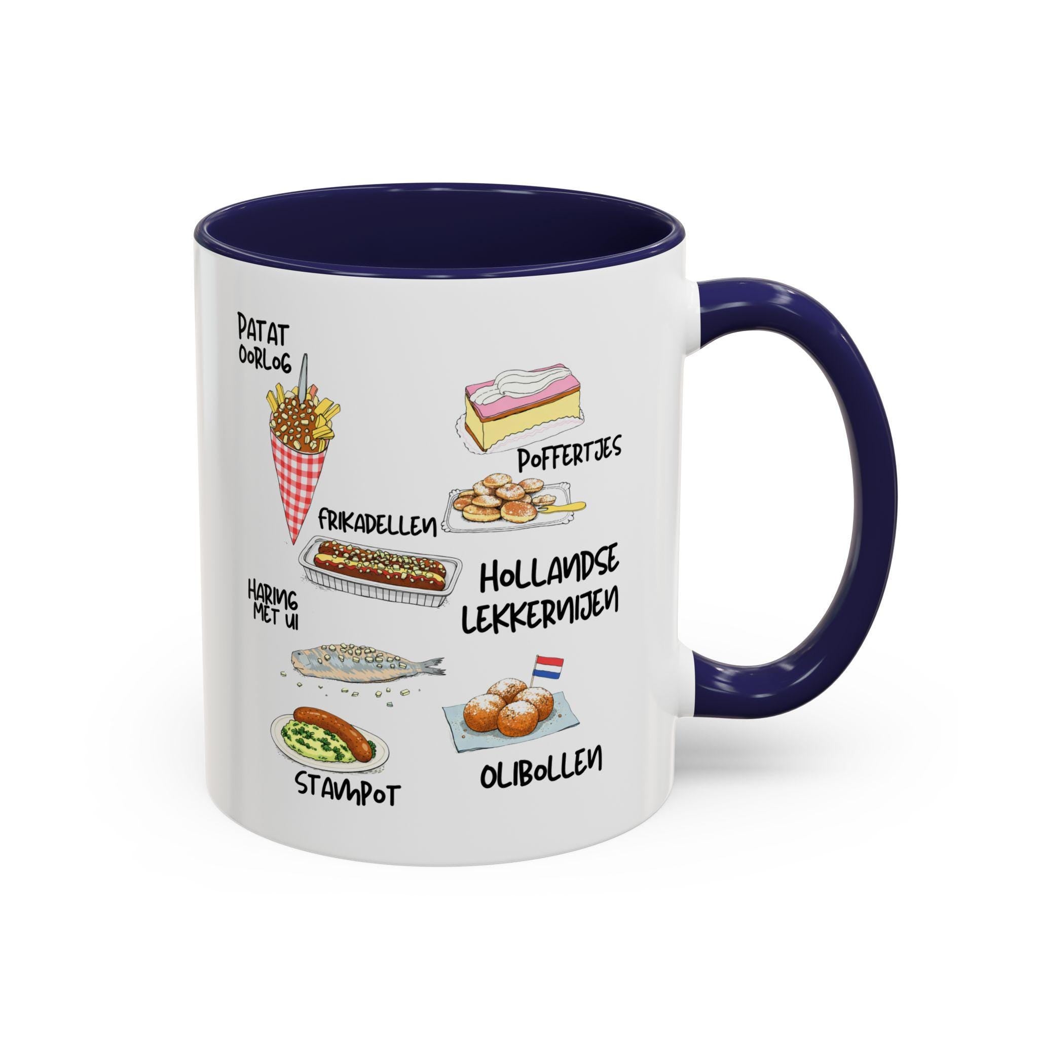 Hollandse Lekkernijen Mug | Dutch Food Illustration Coffee Cup | Patat Oorlog, Oliebollen, Stroopwafel Vibes | Netherlands Gift