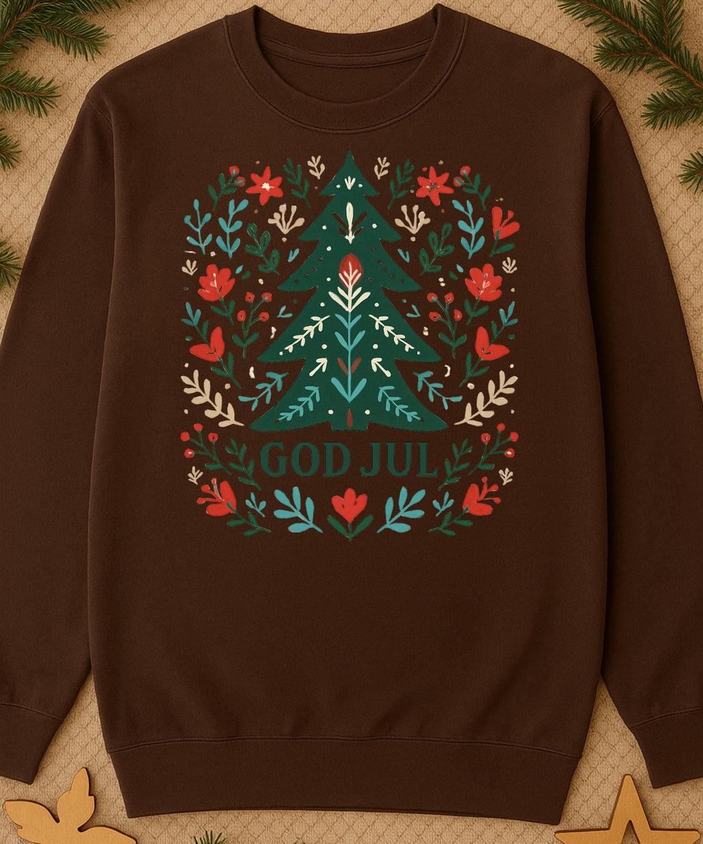 Scandinavian God Jul Shirt – Nordic Folk Art Christmas Tree Long Sleeve Tee, Hygge Holiday Shirt, Danish Christmas Top