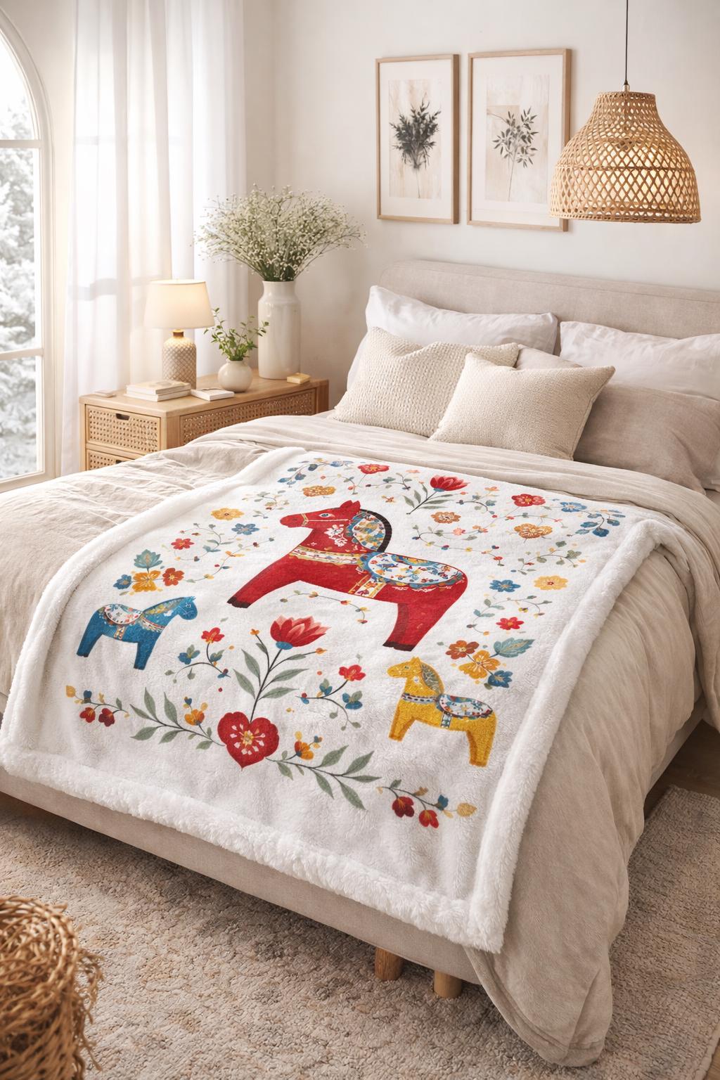 Scandinavian Dala Horse Blanket, Nordic Folk Art Throw, Swedish Horse Decor, Cozy Minky Plush Blanket 50x60, Neutral Home Accent
