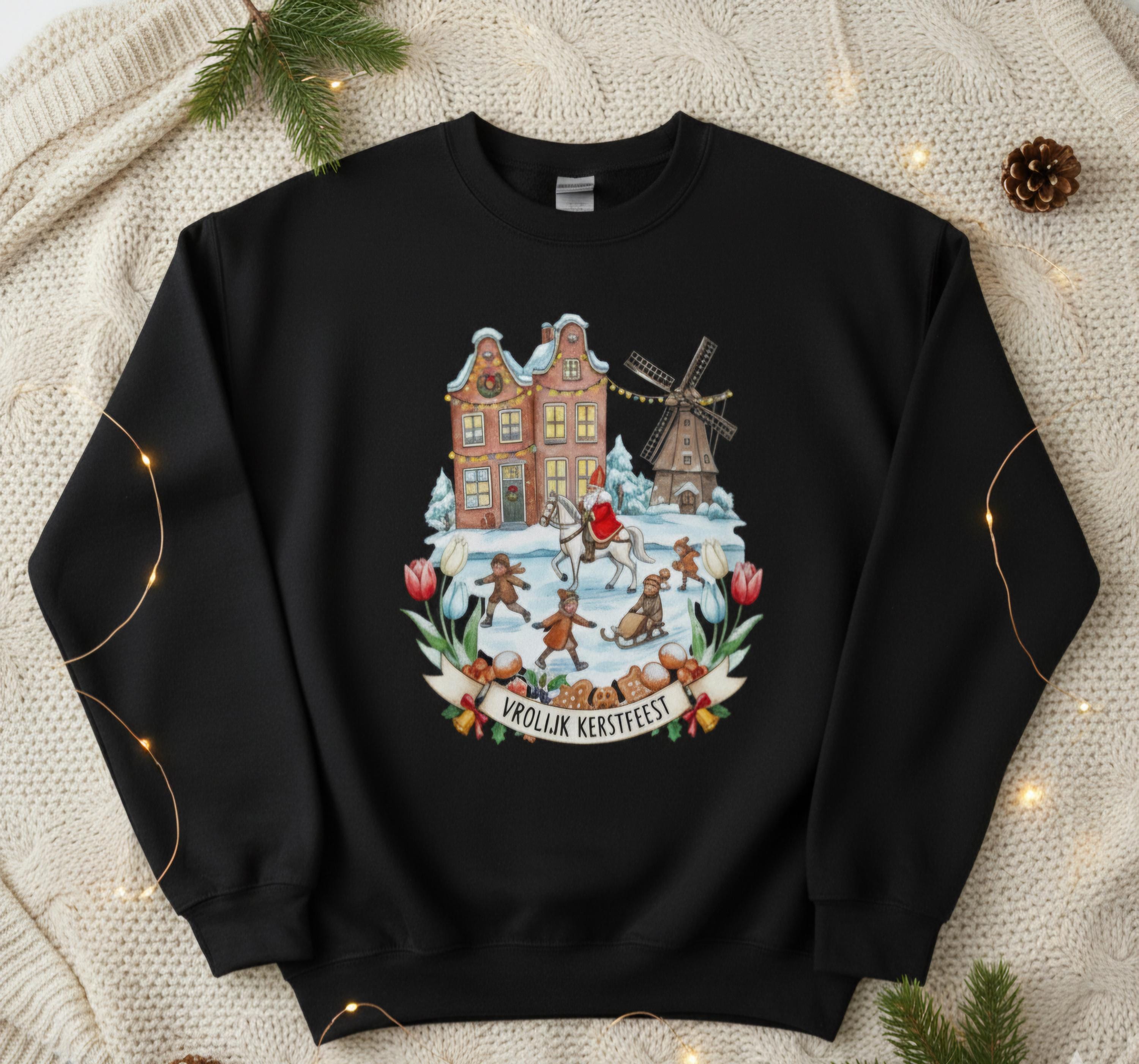 Vrolijk Kerstfeest Dutch Christmas Sweatshirt – Ice Skating Winter Pullover | Netherlands Holiday Sweater