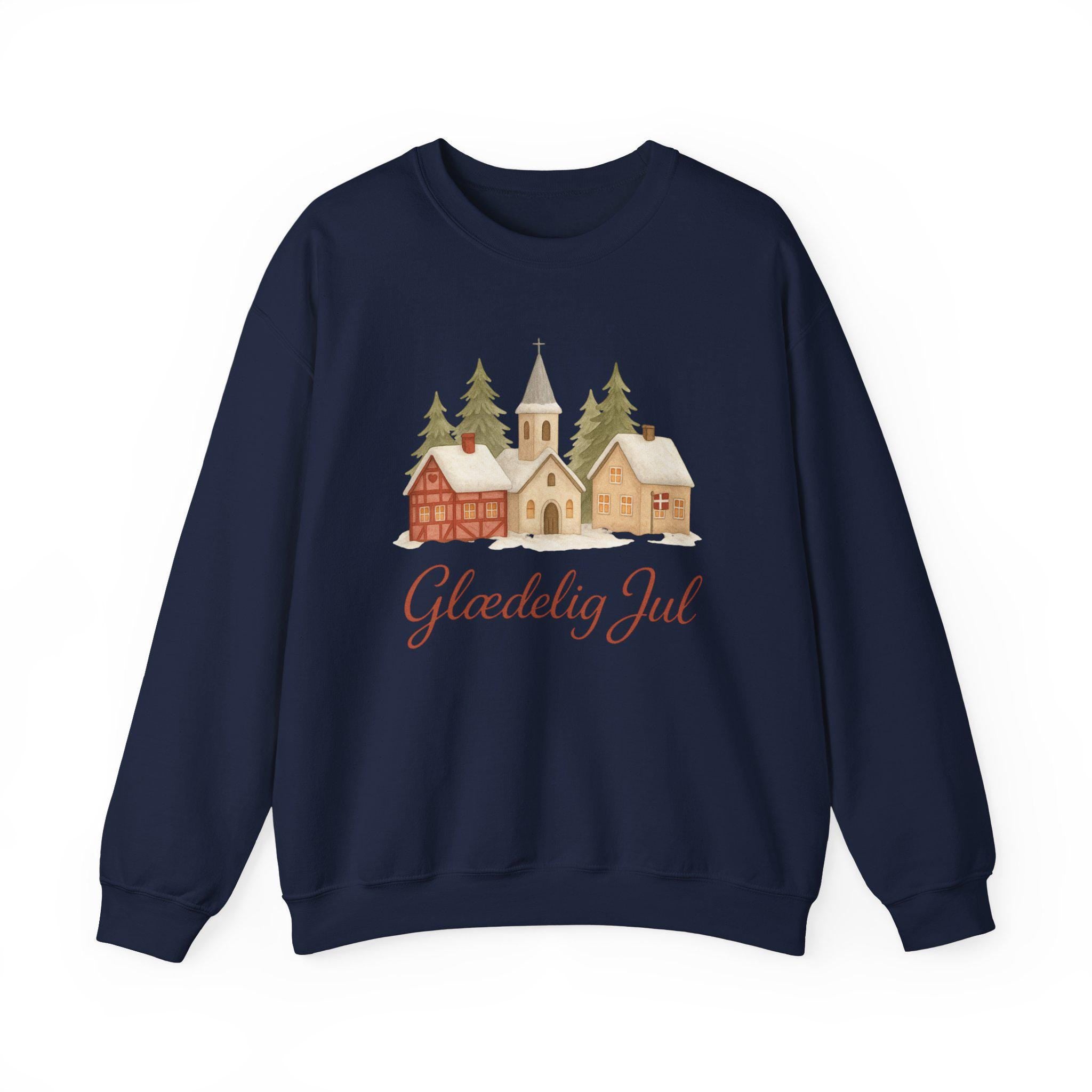 Glædelig Jul Christmas Sweatshirt • Danish Winter Village Scene • Scandinavian Holiday Sweater • Cozy Nordic Christmas Crewneck