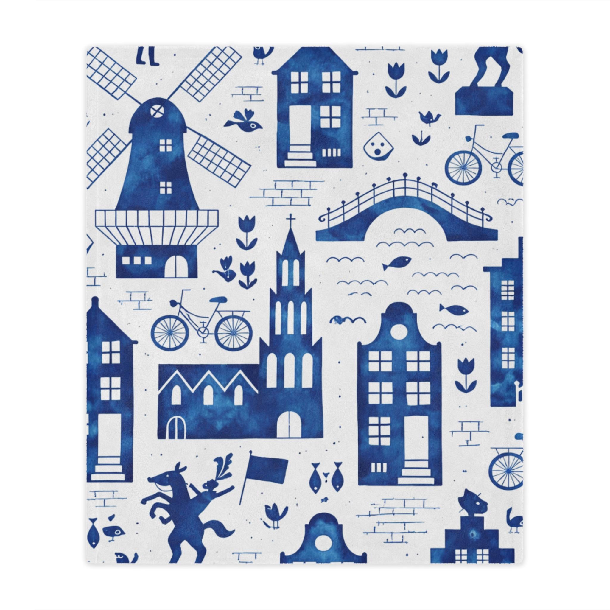 Dutch Delft Blue Minky Blanket | Cozy Holland Inspired Windmill and Canal House Throw | Soft Blue and White European Folk Decor | 3 Sizes