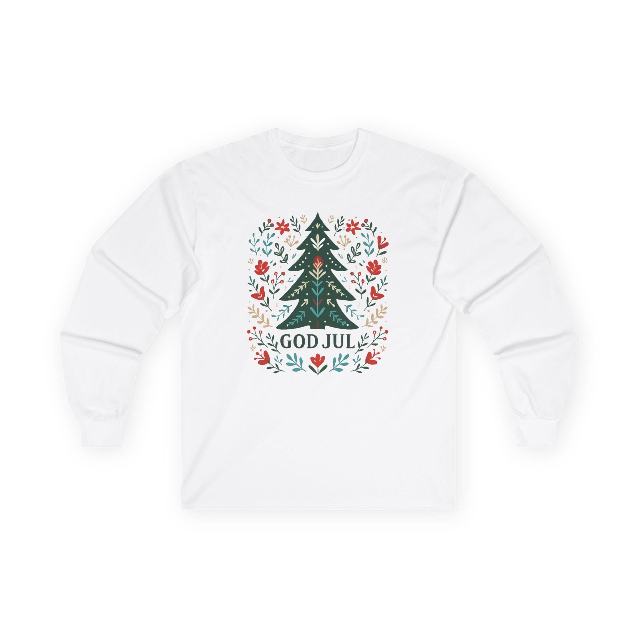 Scandinavian God Jul Shirt – Nordic Folk Art Christmas Tree Long Sleeve Tee, Hygge Holiday Shirt, Danish Christmas Top