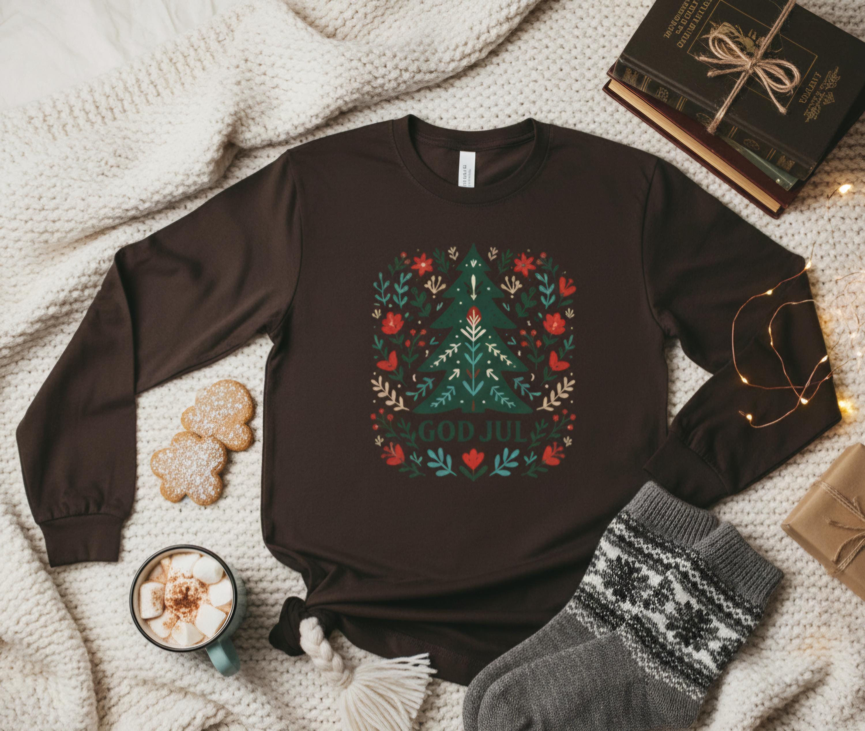 Scandinavian God Jul Shirt – Nordic Folk Art Christmas Tree Long Sleeve Tee, Hygge Holiday Shirt, Danish Christmas Top