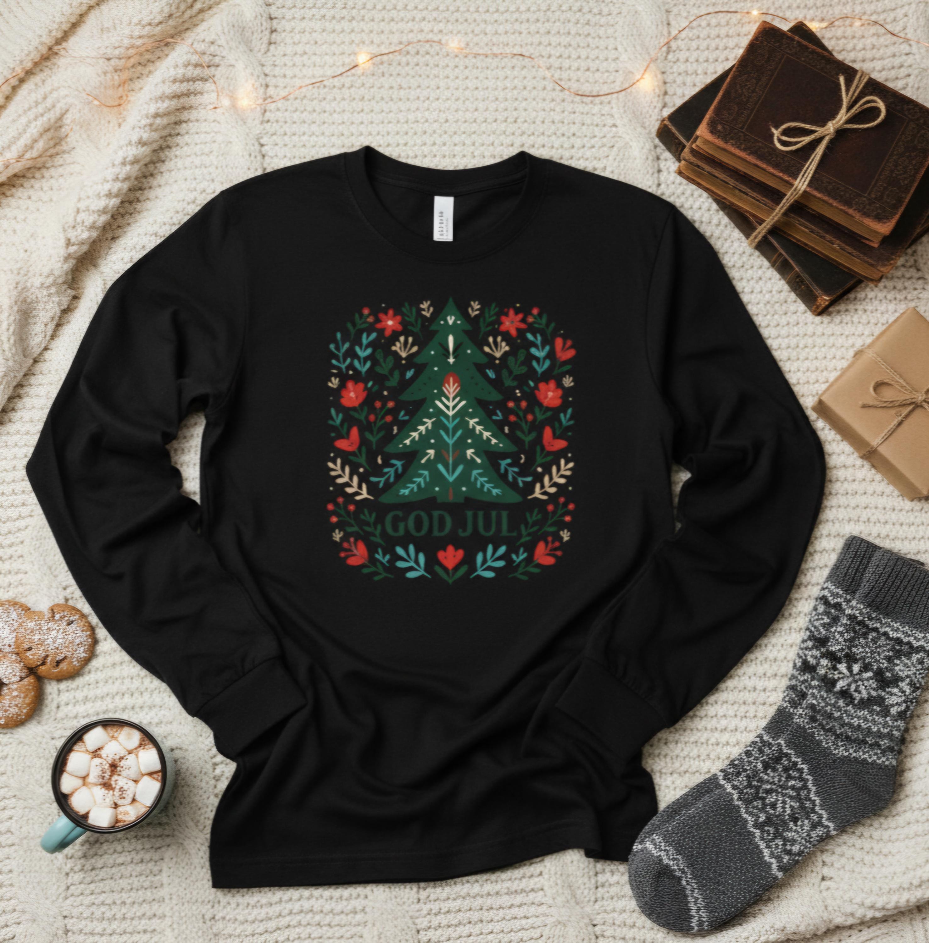 Scandinavian God Jul Shirt – Nordic Folk Art Christmas Tree Long Sleeve Tee, Hygge Holiday Shirt, Danish Christmas Top