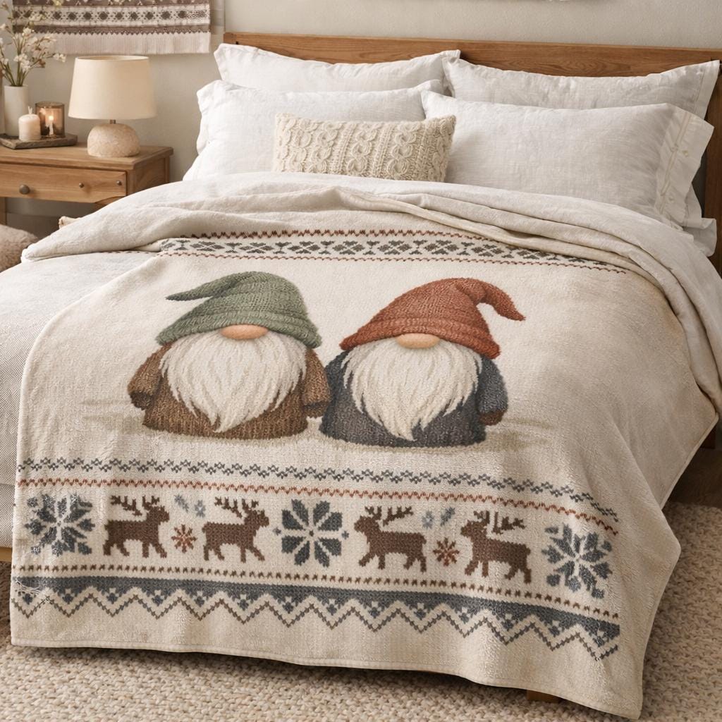 Scandinavian Gnome Blanket | Nordic Tomte Throw | Cozy Hygge Winter Decor | Neutral Scandi Folk Blanket | Minimal Nordic Home