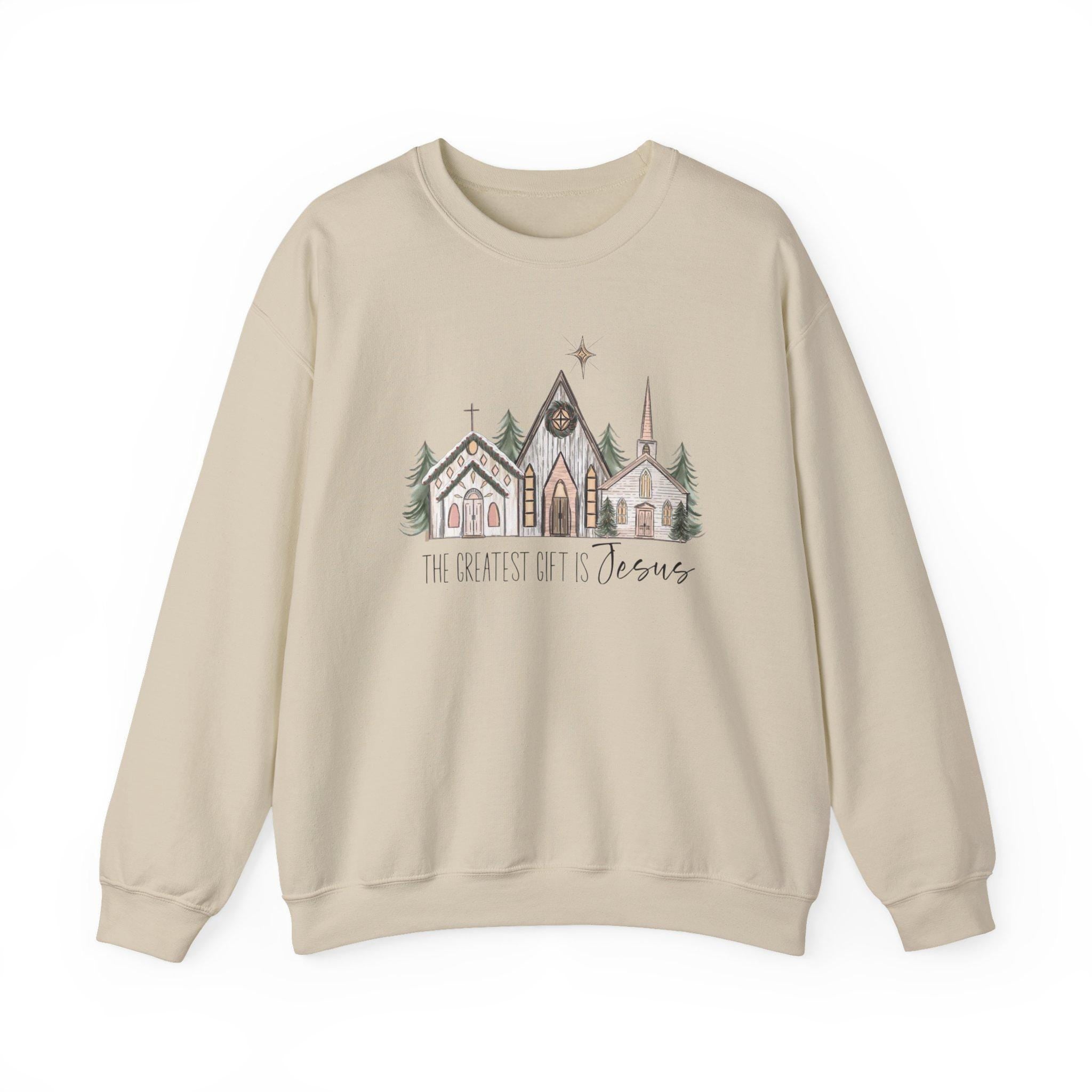 Cozy Church Print Christmas Sweatshirt: Faith-Based Winter Apparel