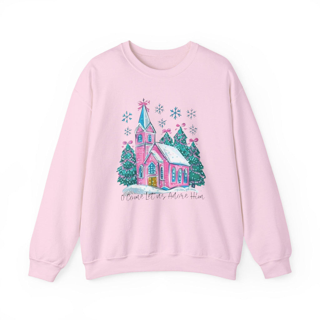 Whimsical Christmas Church Sweatshirt • Pastel Holiday Village Crewneck • Cozy Christian Winter Sweatshirt for Women