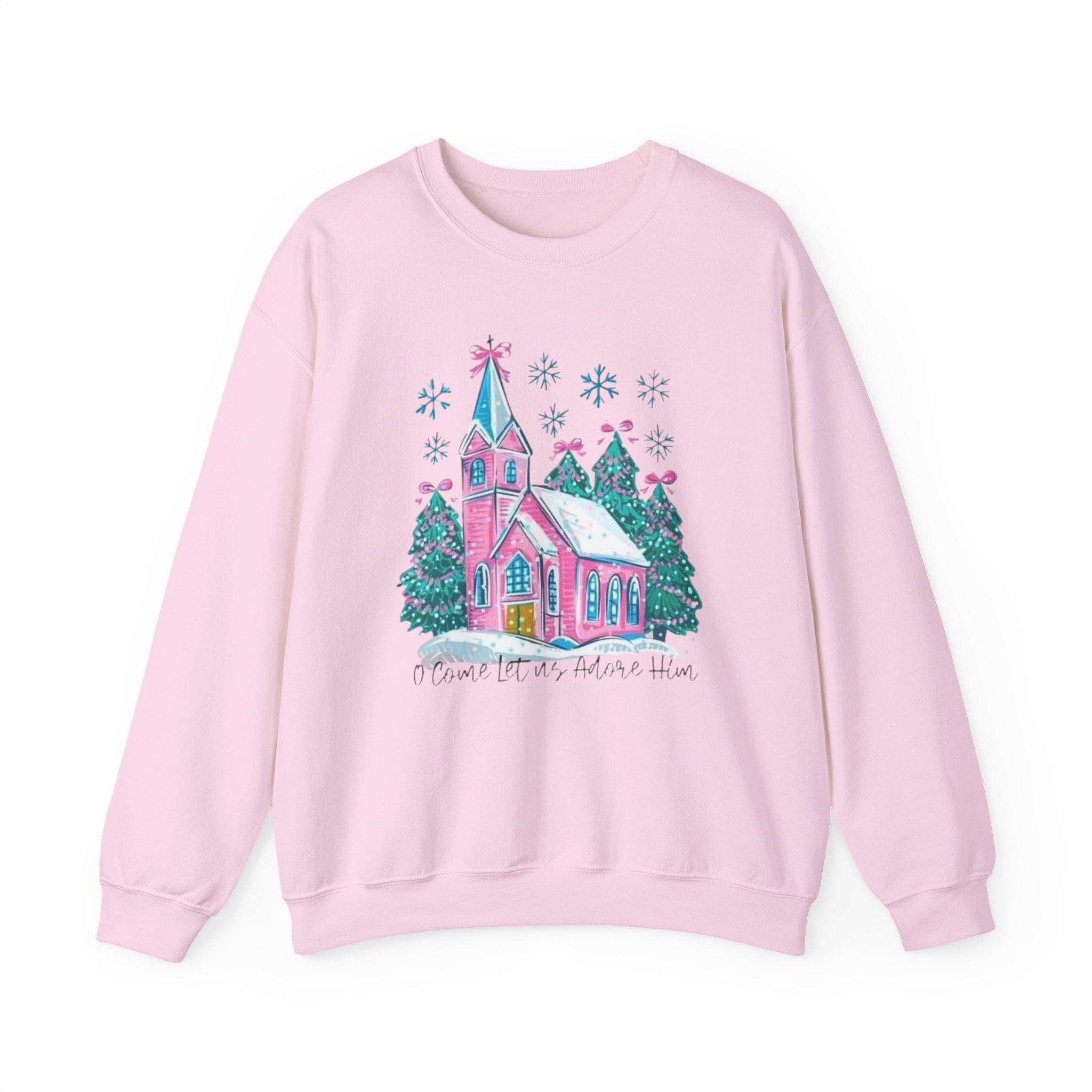 Whimsical Christmas Church Sweatshirt • Pastel Holiday Village Crewneck • Cozy Christian Winter Sweatshirt for Women
