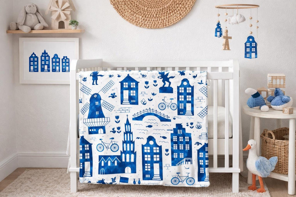Dutch Delft Blue Minky Blanket | Cozy Holland Inspired Windmill and Canal House Throw | Soft Blue and White European Folk Decor | 3 Sizes