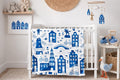 Dutch Delft Blue Minky Blanket | Cozy Holland Inspired Windmill and Canal House Throw | Soft Blue and White European Folk Decor | 3 Sizes