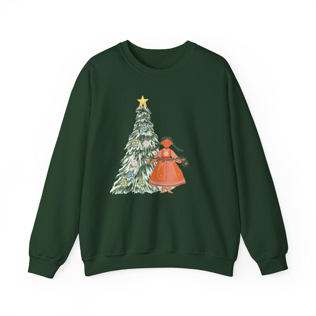 Scandi Christmas Tree Girl Sweater, Whimsical Holiday Pullover, Nordic Christmas Sweatshirt, Scandinavian Winter Aesthetic Jumper, Cozy Xmas