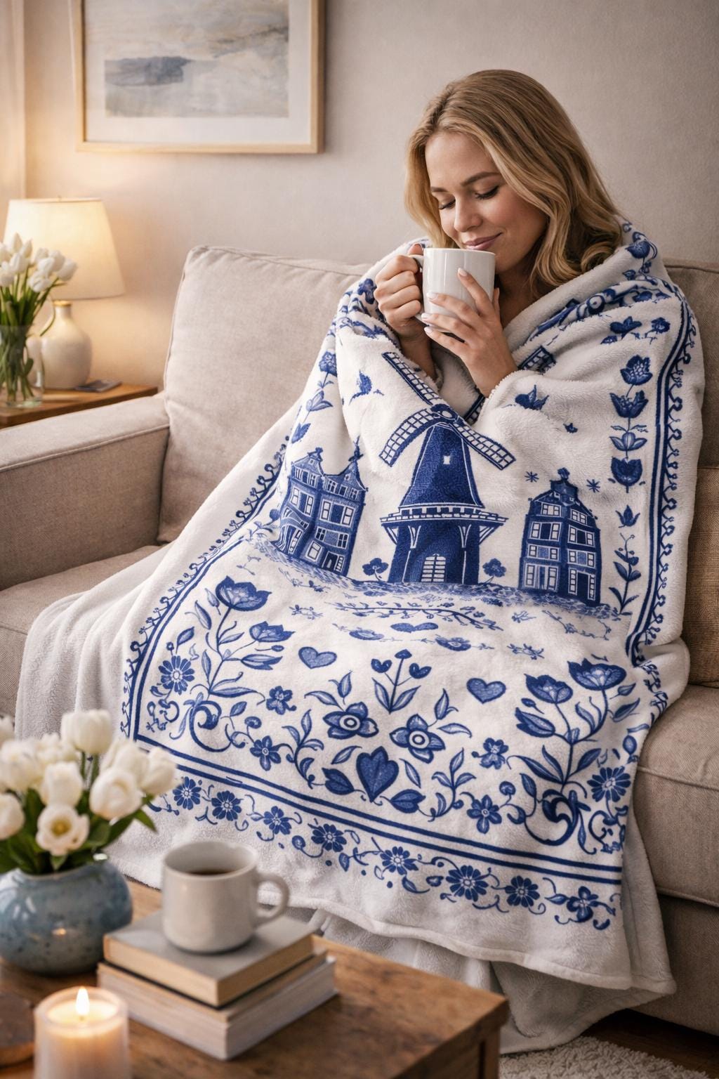 Delft Blue Dutch Blanket | White and Blue Holland Folk Art Throw | Windmill and Canal House Design | European Cottage Decor