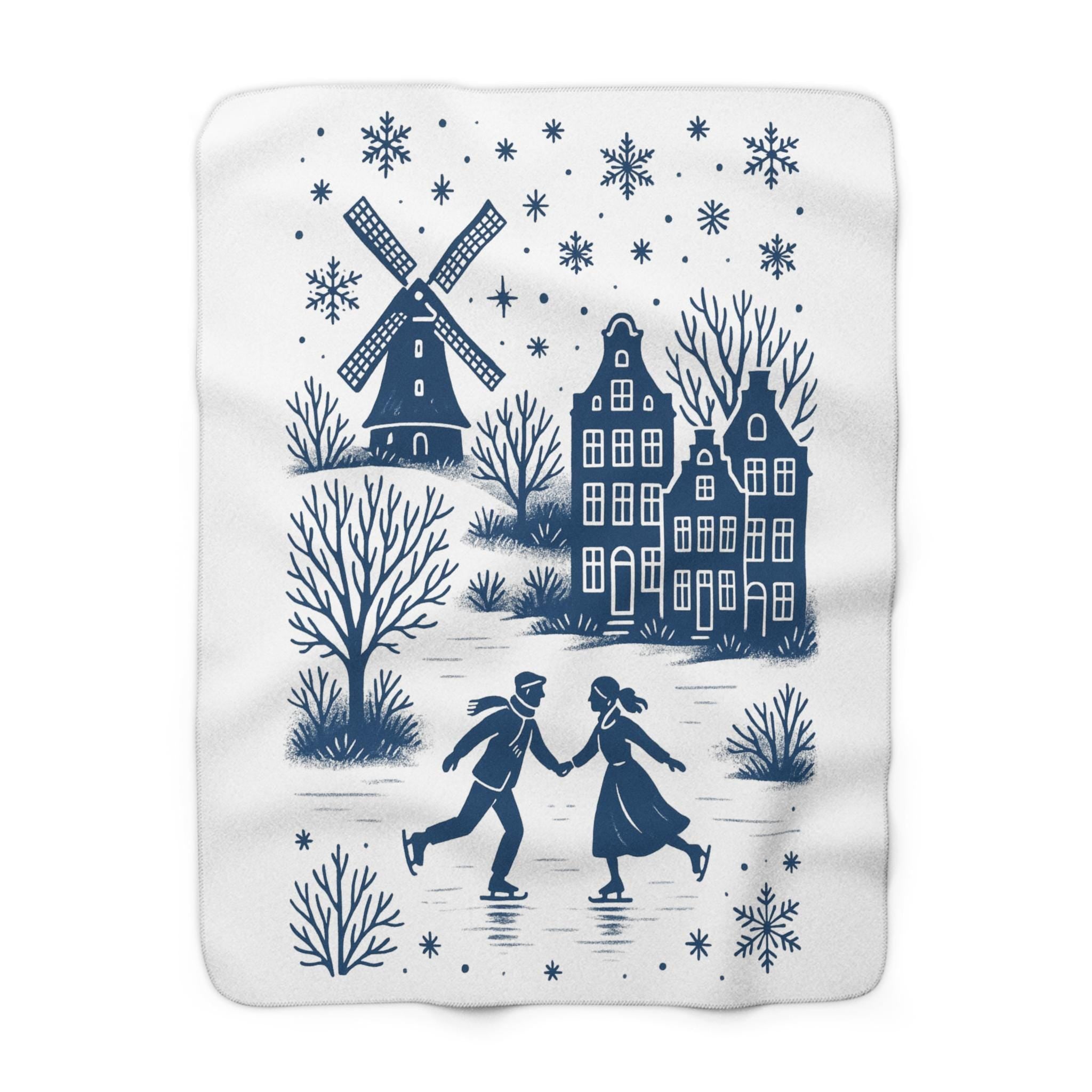 Dutch Winter Skating Scene Sherpa Fleece Blanket | Delft Blue Holland Village | Cozy Ice Skating Throw | Nordic Winter Decor | Dutch Gift