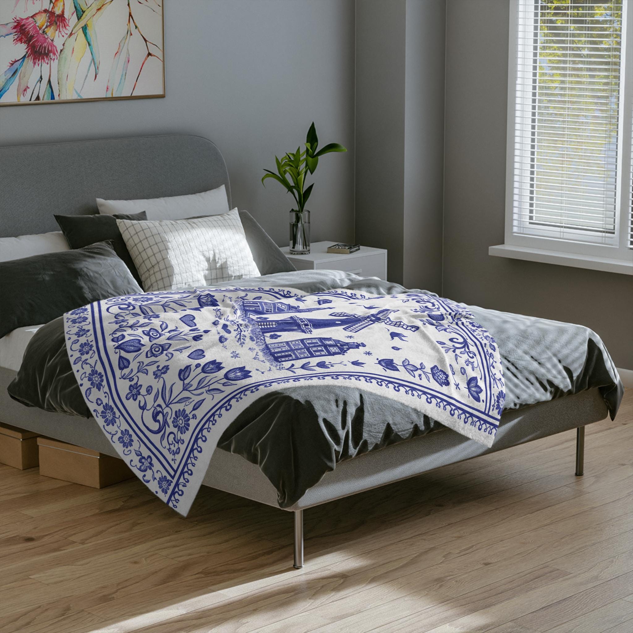Delft Blue Dutch Blanket | White and Blue Holland Folk Art Throw | Windmill and Canal House Design | European Cottage Decor