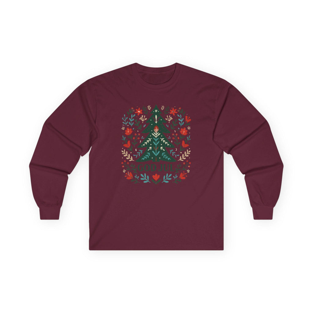 Scandinavian God Jul Shirt – Nordic Folk Art Christmas Tree Long Sleeve Tee, Hygge Holiday Shirt, Danish Christmas Top
