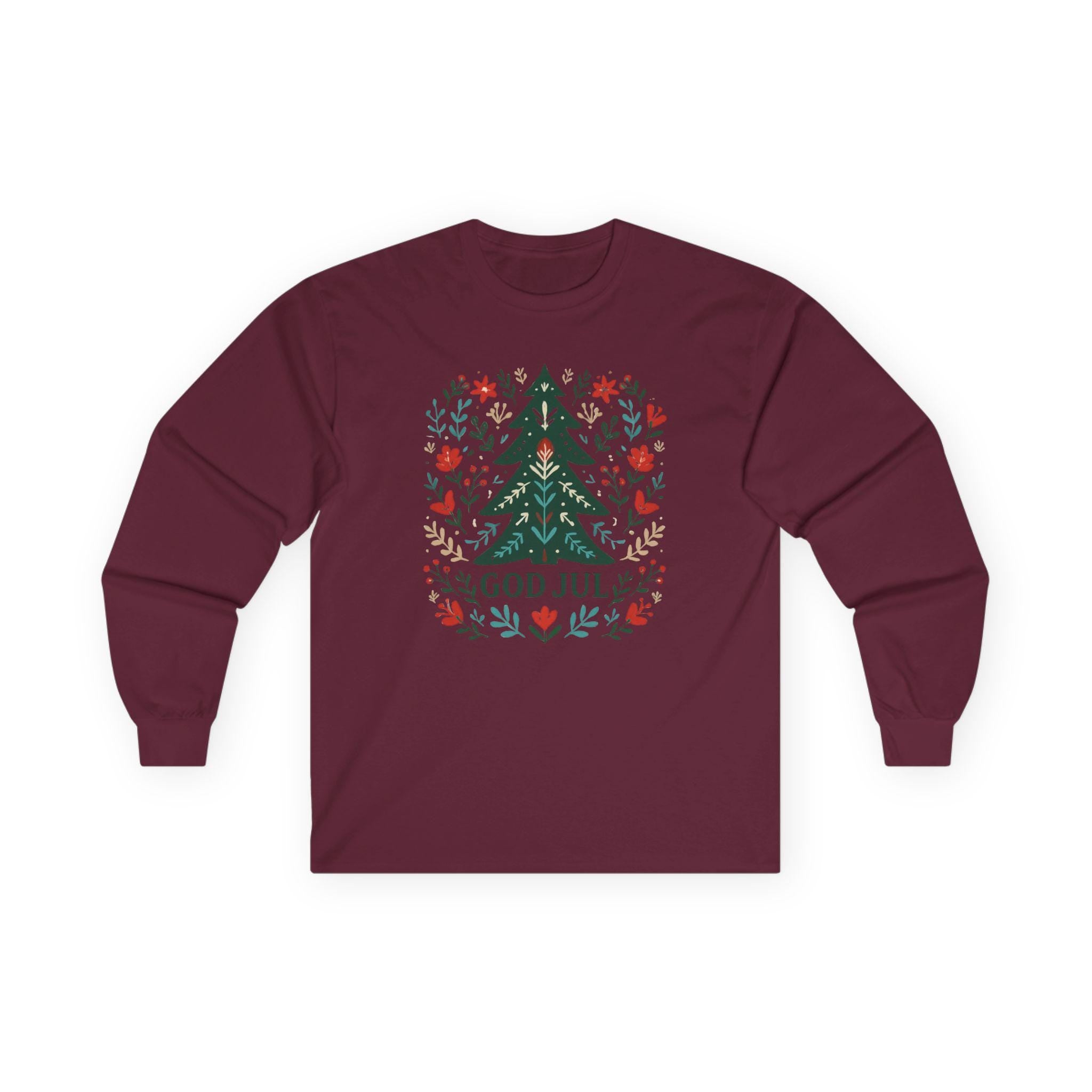 Scandinavian God Jul Shirt – Nordic Folk Art Christmas Tree Long Sleeve Tee, Hygge Holiday Shirt, Danish Christmas Top