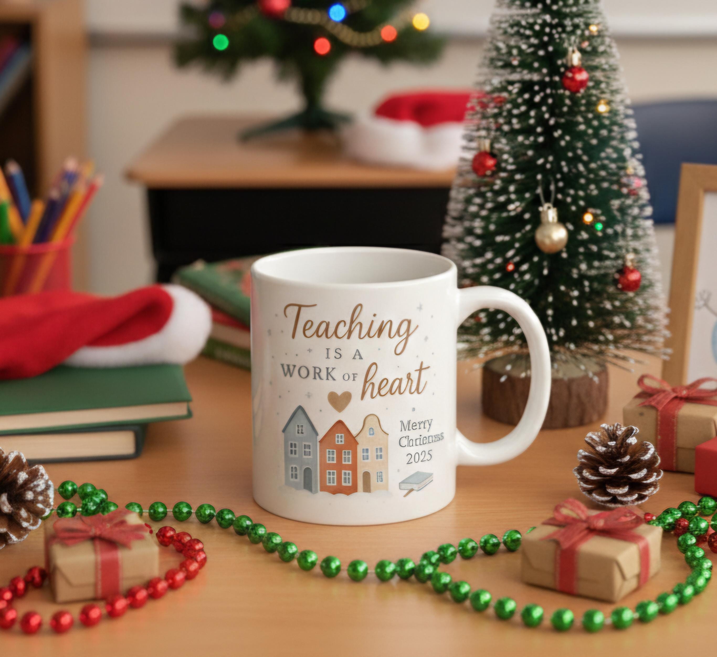 Teaching Is a Work of Heart Mug | Teacher Christmas Gift 2025 | Cozy Winter Village Coffee Cup | Holiday Classroom Gift for Teachers