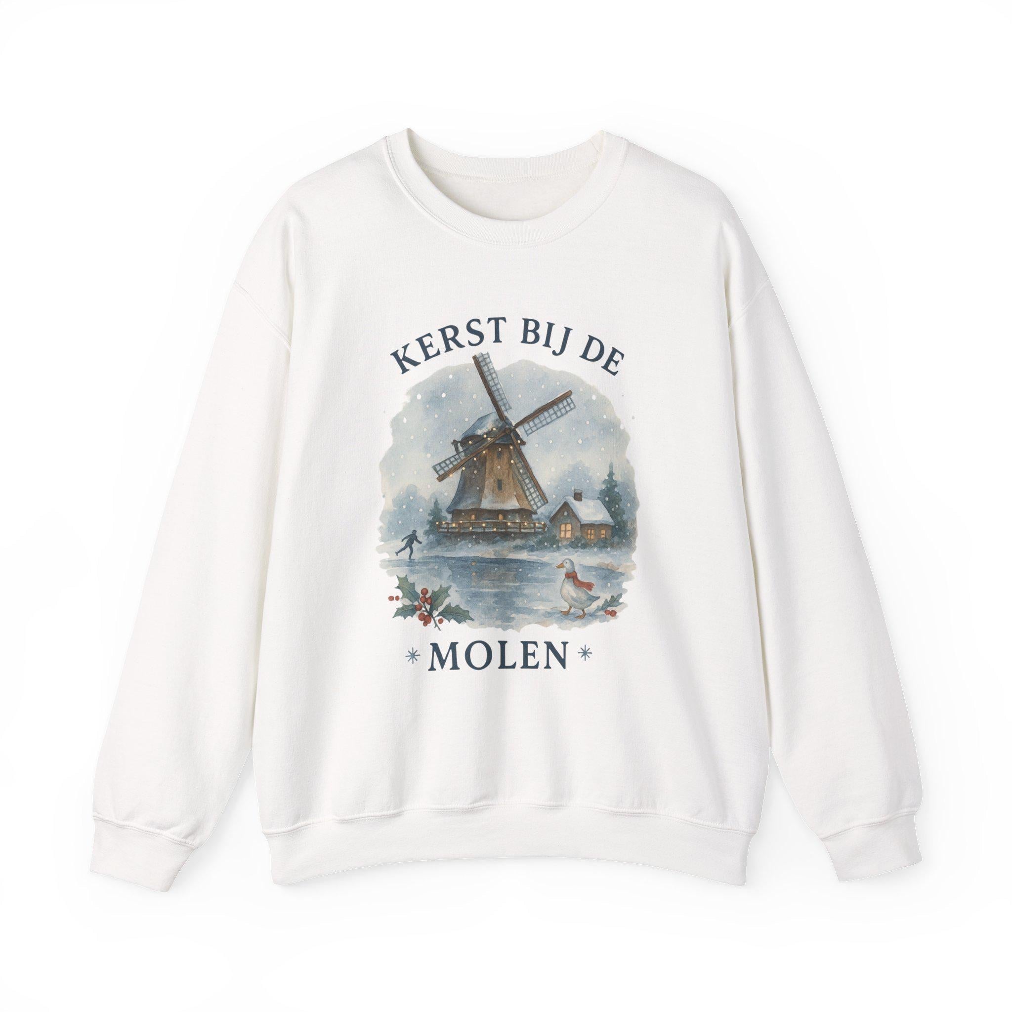 Kerst bij de Molen Dutch Christmas Sweatshirt | Watercolor Windmill Winter Scene | Holland Holiday Crewneck | Vintage Dutch Winter Village
