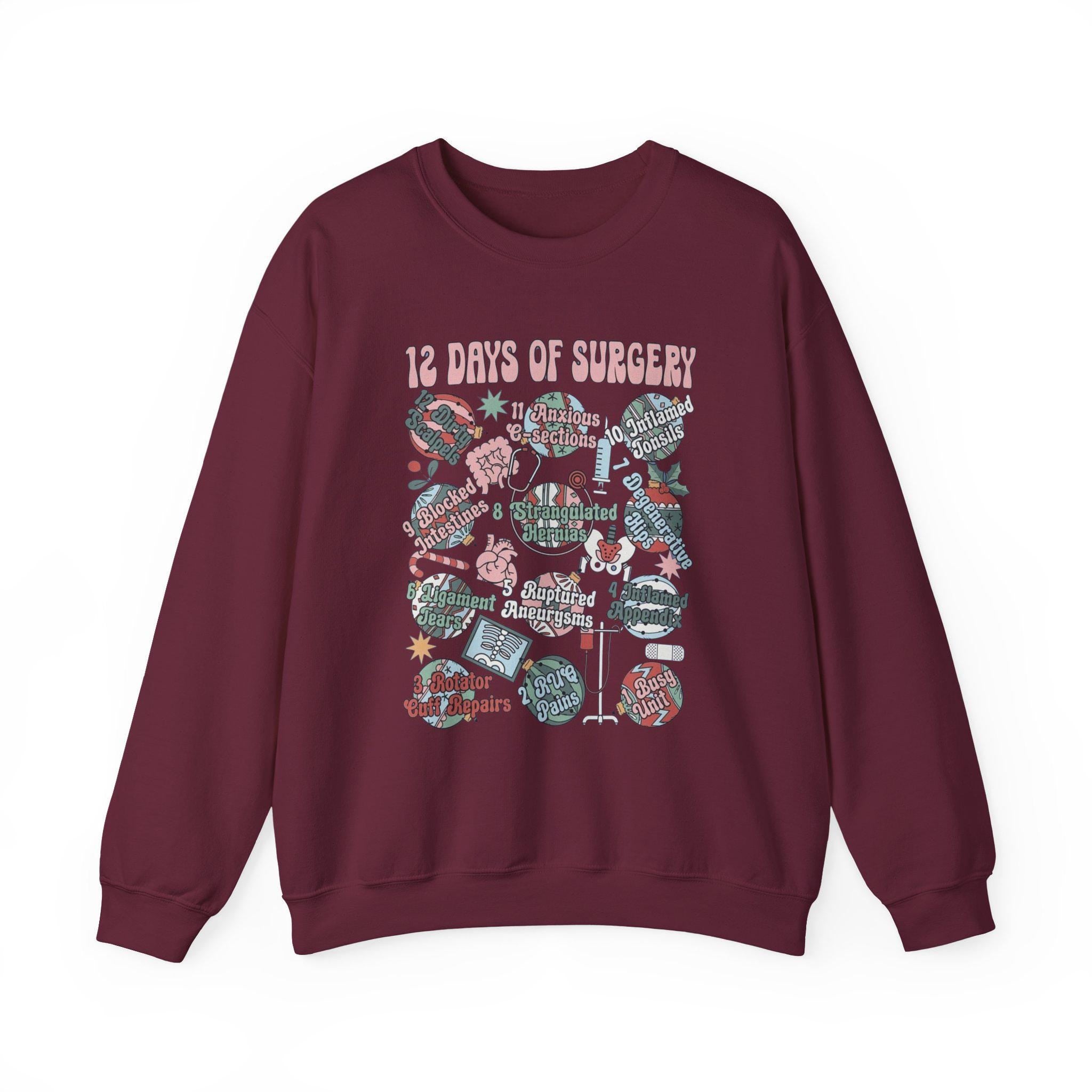 12 Days of Surgery Christmas Sweatshirt | Medical Holiday Crewneck for Scrub Techs Nurses Surgeons CRNA