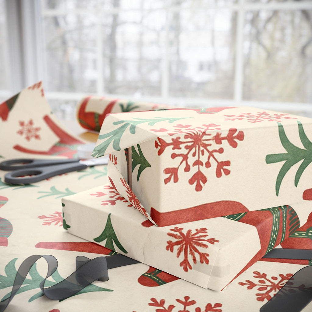 Nordic Christmas Dala Horse Wrapping Paper | Scandinavian Holiday Pattern | Folk Art Winter Trees & Snowflakes Gift Wrap