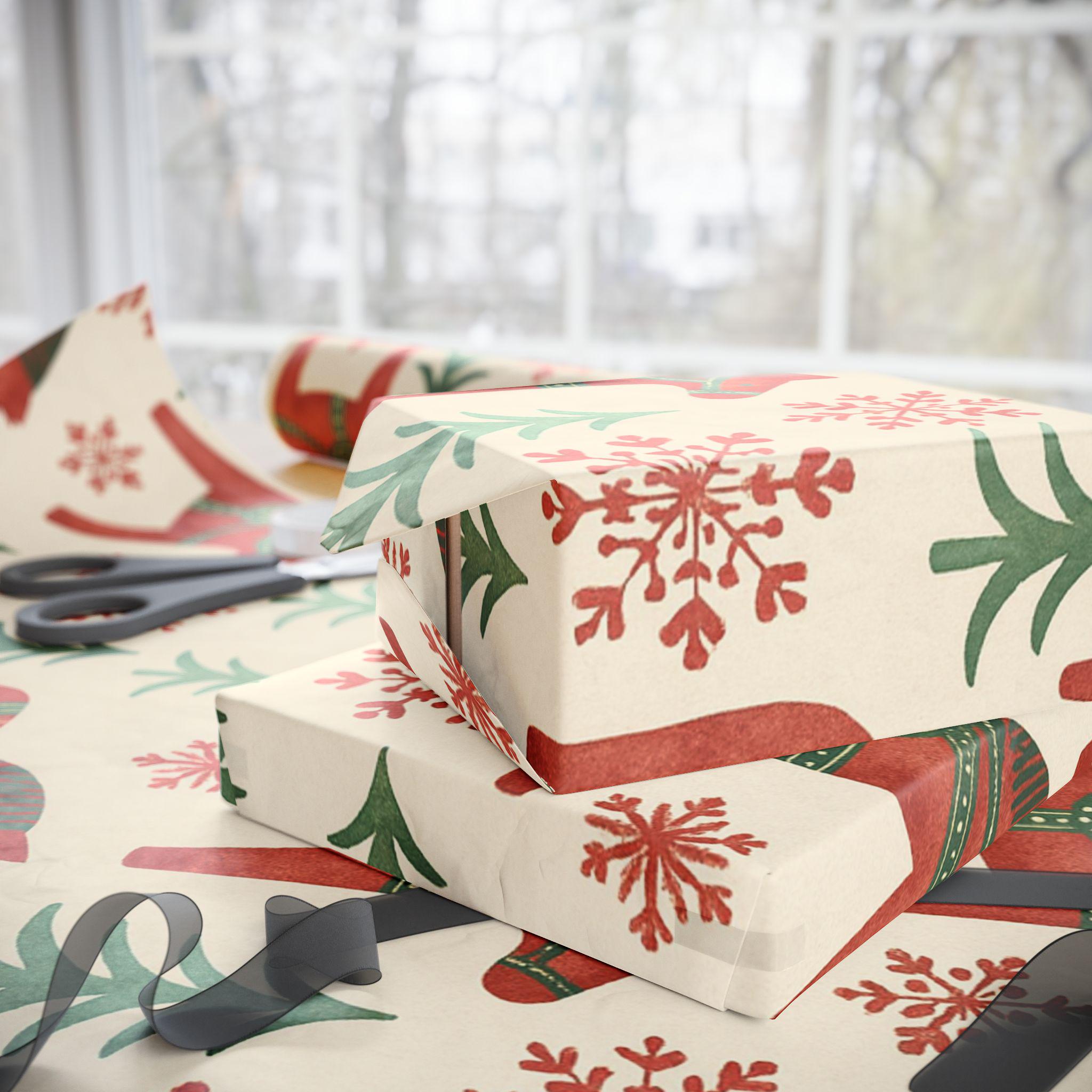 Nordic Christmas Dala Horse Wrapping Paper | Scandinavian Holiday Pattern | Folk Art Winter Trees & Snowflakes Gift Wrap