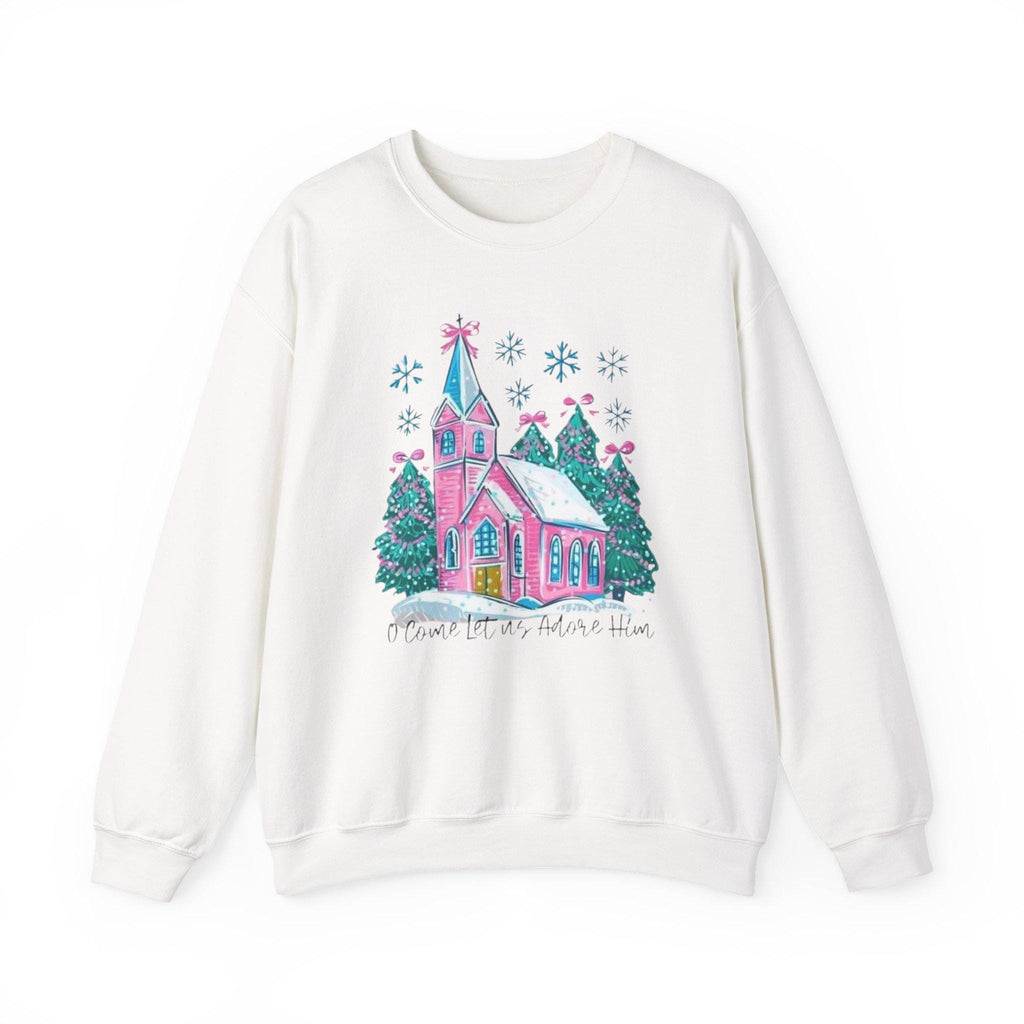 Whimsical Christmas Church Sweatshirt • Pastel Holiday Village Crewneck • Cozy Christian Winter Sweatshirt for Women
