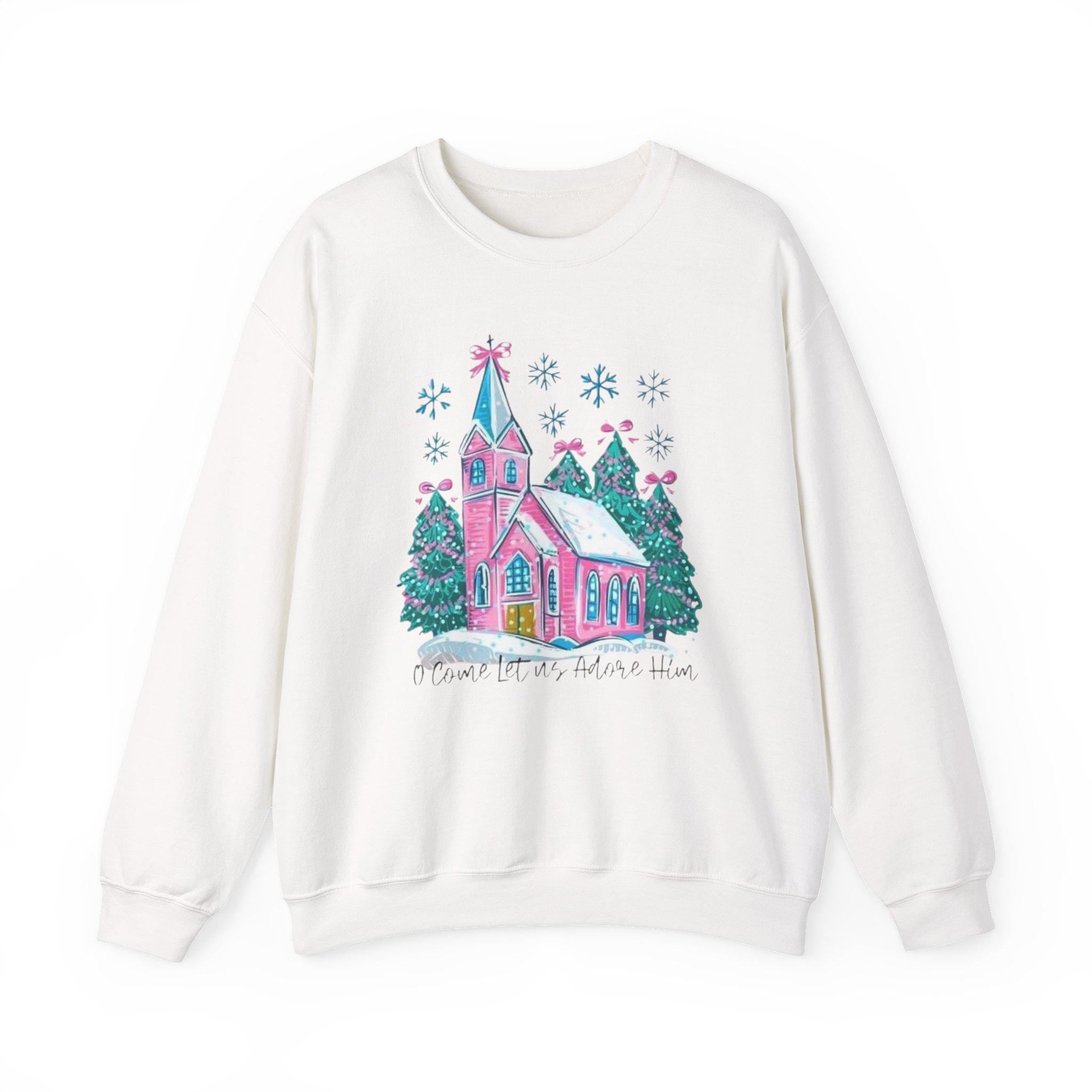 Whimsical Christmas Church Sweatshirt • Pastel Holiday Village Crewneck • Cozy Christian Winter Sweatshirt for Women