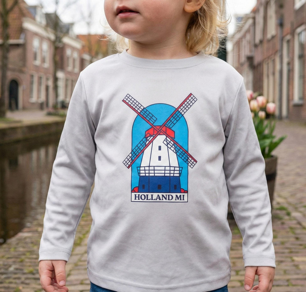 Kids Holland Windmill Long Sleeve Shirt • Dutch Travel Tee • Netherlands Windmill Design • Youth Explorer Outfit