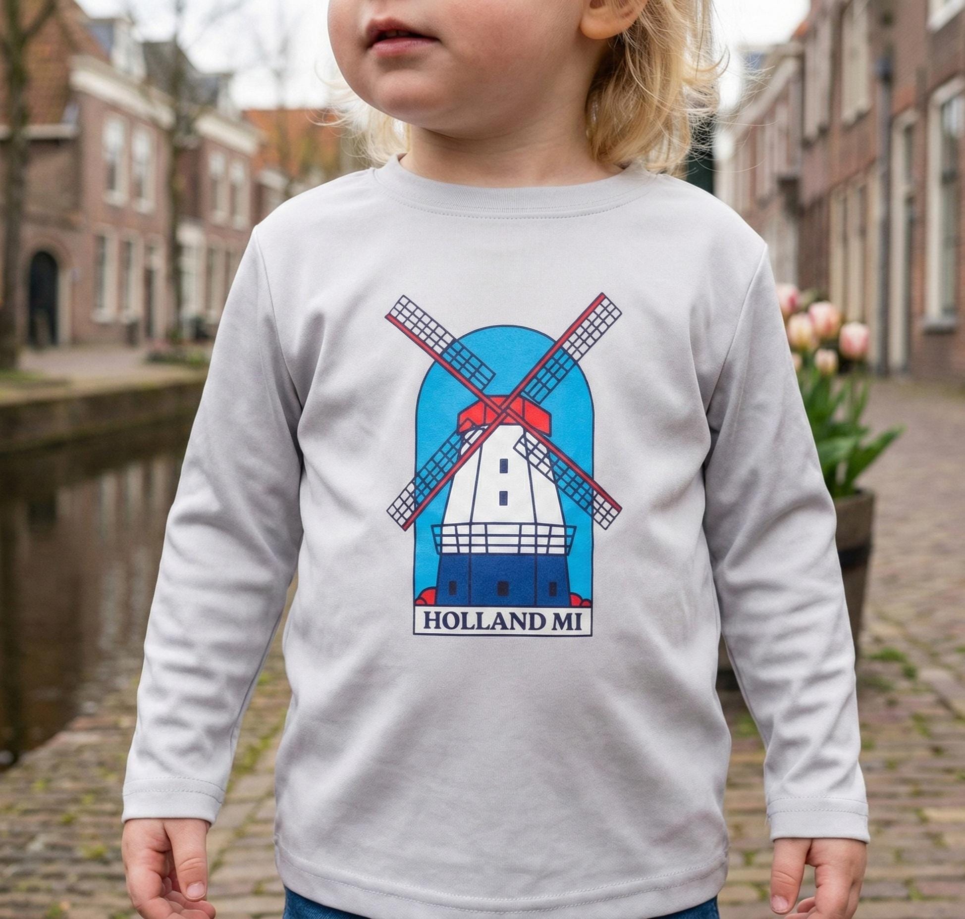 Kids Holland Windmill Long Sleeve Shirt • Dutch Travel Tee • Netherlands Windmill Design • Youth Explorer Outfit