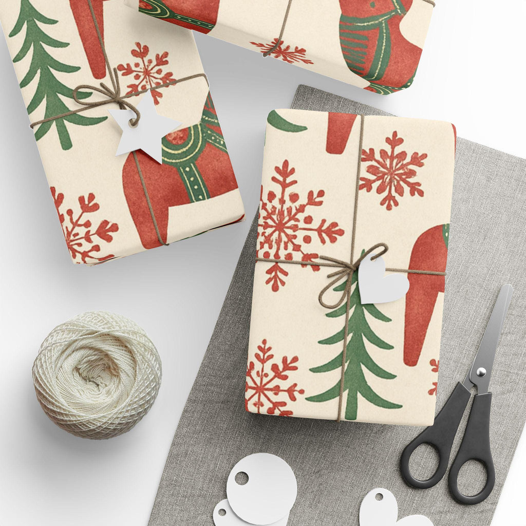 Nordic Christmas Dala Horse Wrapping Paper | Scandinavian Holiday Pattern | Folk Art Winter Trees & Snowflakes Gift Wrap