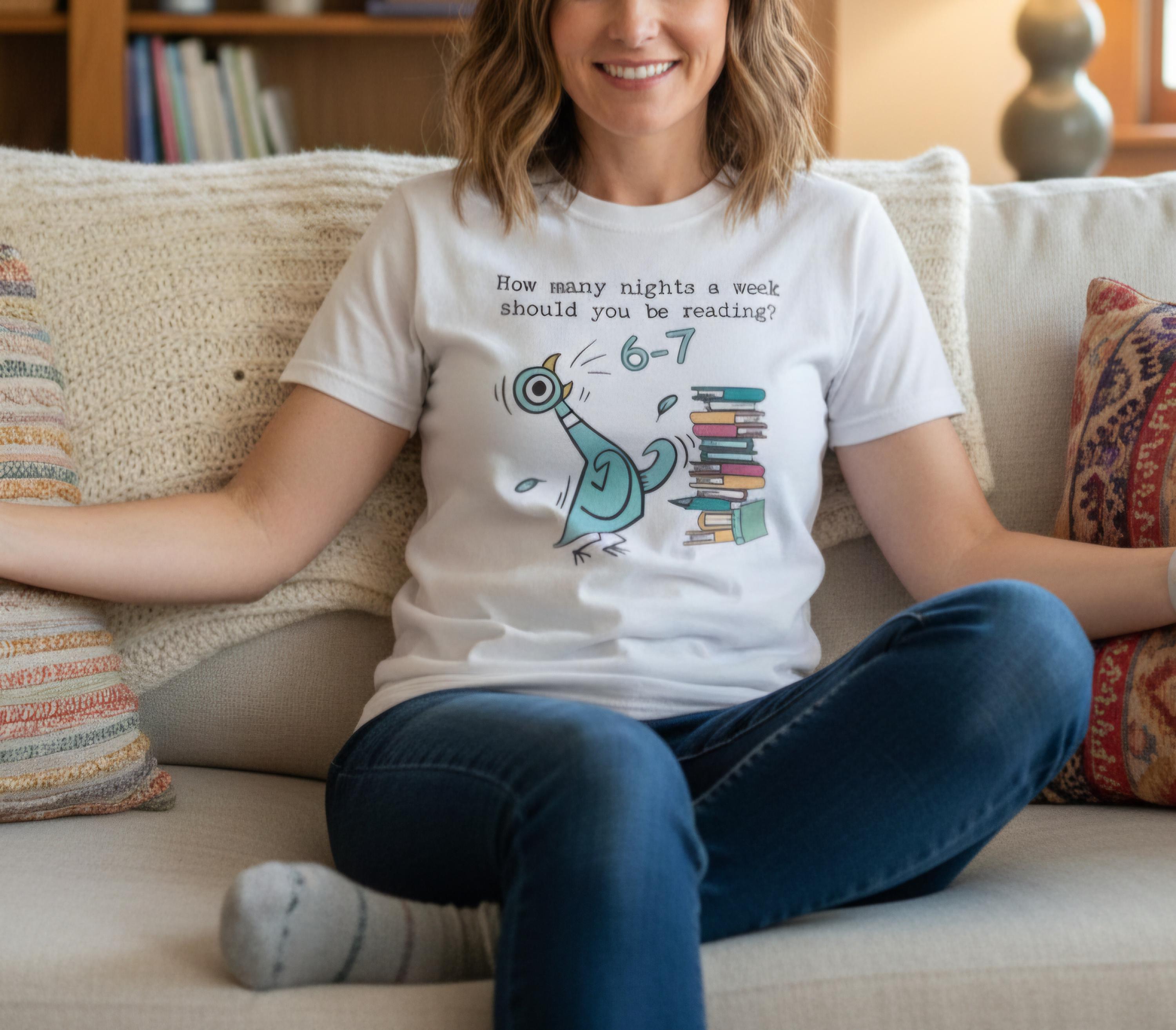 Funny Reading Teacher Shirt, How Many Nights a Week Should You Be Reading, 6 7 Pigeon Book Lover Tee , Cute Classroom Literacy T Shirt