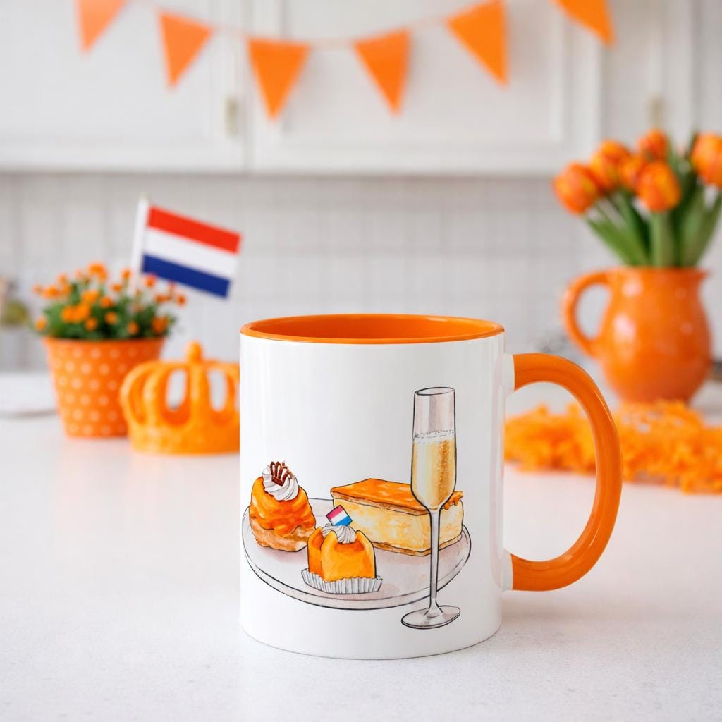 Kings Day Mug | Koningsdag | Champagne and Pastries Coffee Cup | Dutch Koningsdag Orange Aesthetic Mug | Netherlands Brunch Gift