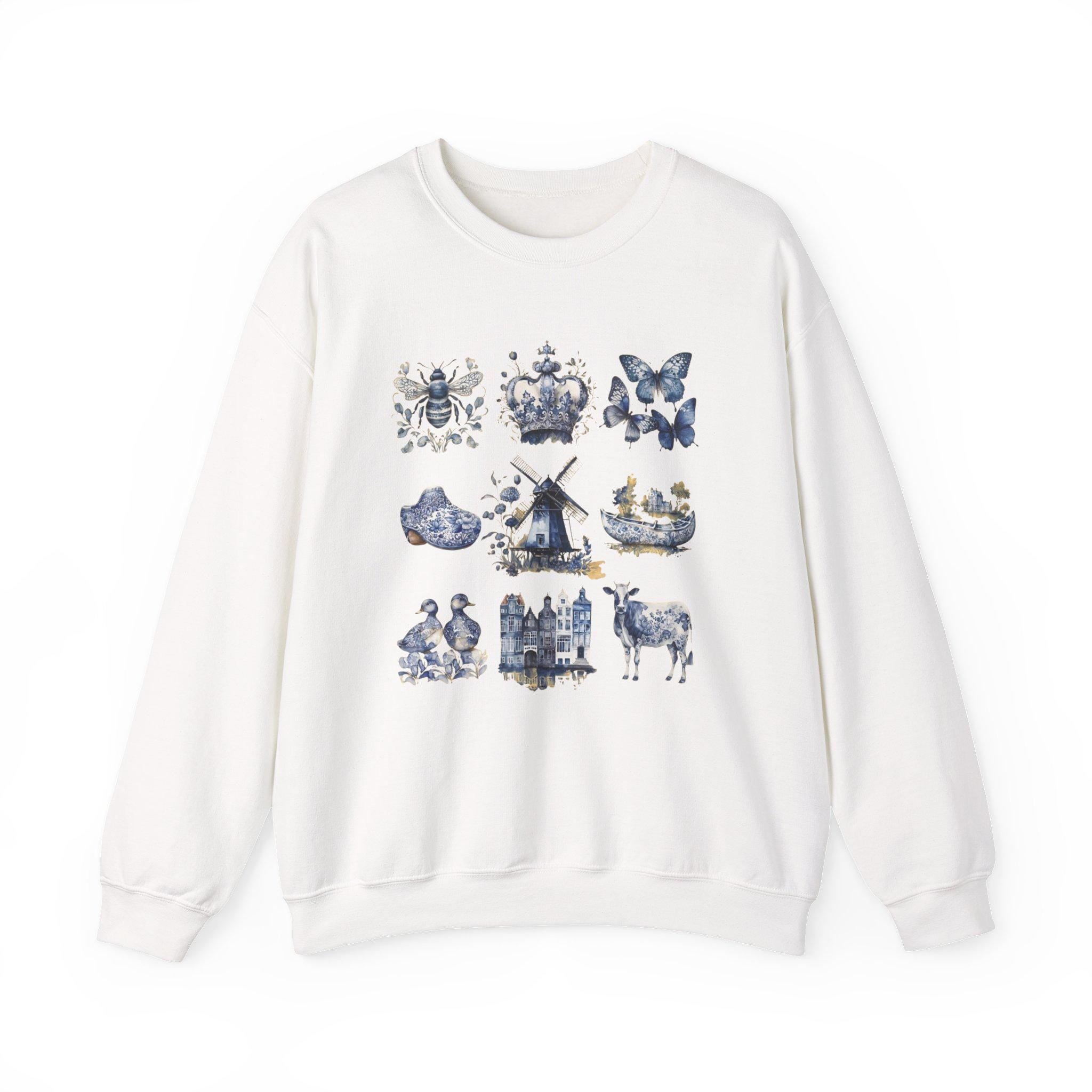 Delft Blue Netherlands Sweatshirt, Dutch Windmill Sweater, Cozy Vintage Holland Pullover, Netherlands Gift for Art Lovers